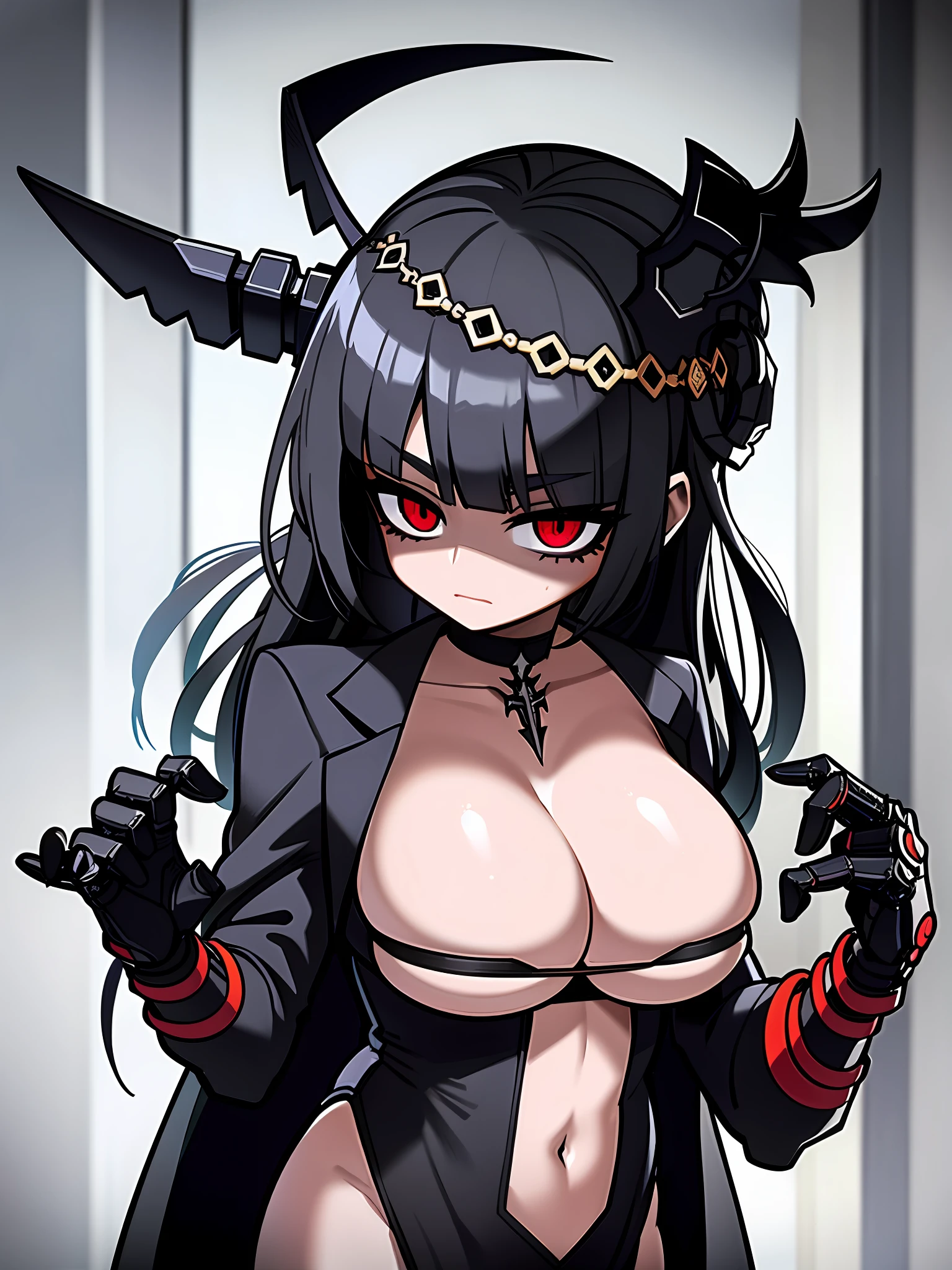 (masterpiece) Appreciated for its high quality and detail, this fanart illustration depicts a goth woman, with a touch Yandere Intricate, the character is a Holy Cyborg Necromancer Girl, with large breasts and a Female Death appearance. The Gapmoe Yandere Grimdark tone is present and is framed elegantly and exquisitely.