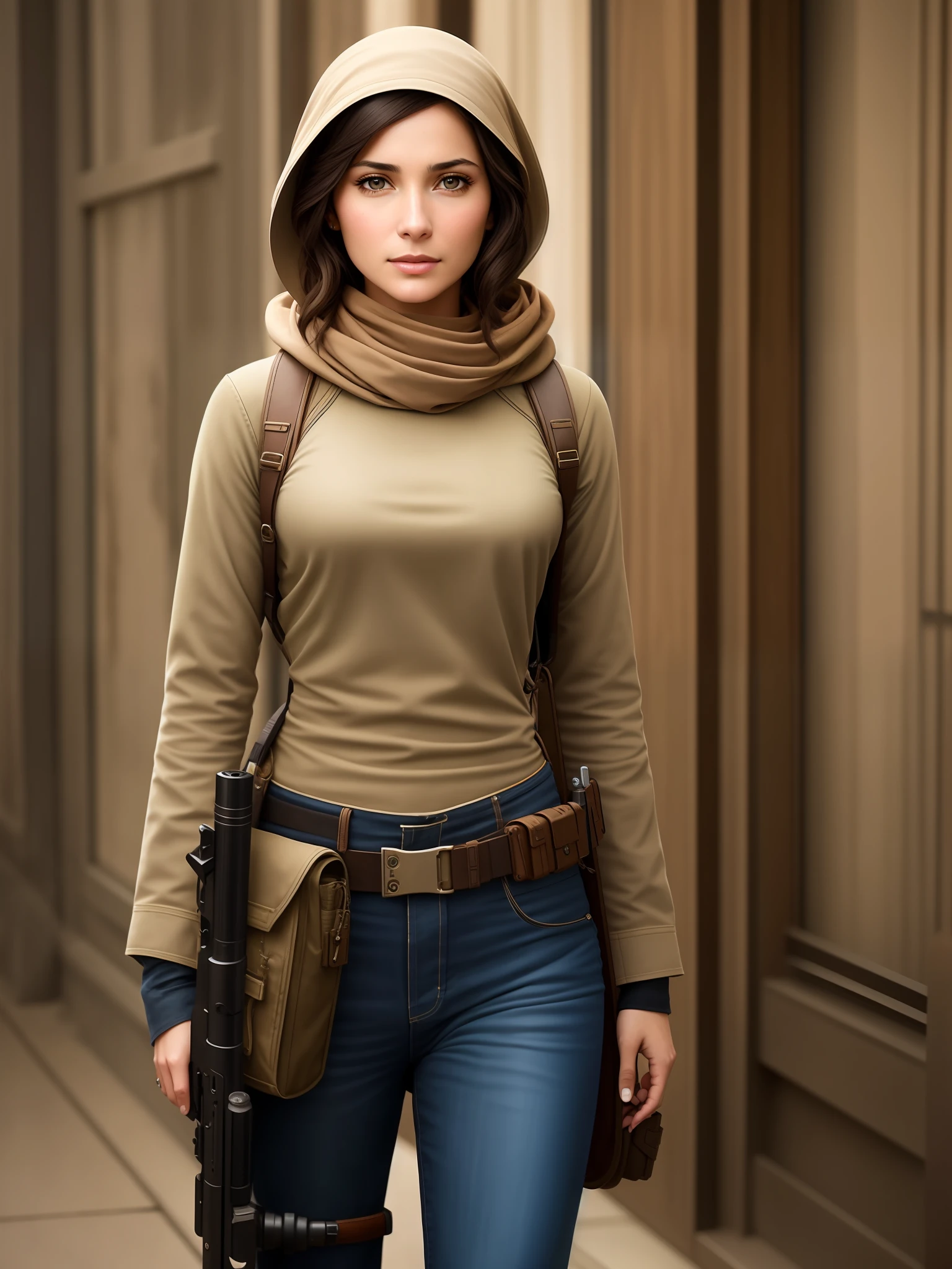 brunette, scifi, hijabi, nude, cowgirl  years, smiling, gun_holster, bazooka, high quality, detailed_eyes, full body photo, full body, thin waist, thin thighs, medium construction, by Ed Blinkey, Atey Ghailan, Alphonse Mucha, Antonio Moro, trend in ArtStation, trend in CGSociety, Intricate, High Detail, sharp focus, dramatic, photorealistic art by MidJourney and Greg Rutkowski