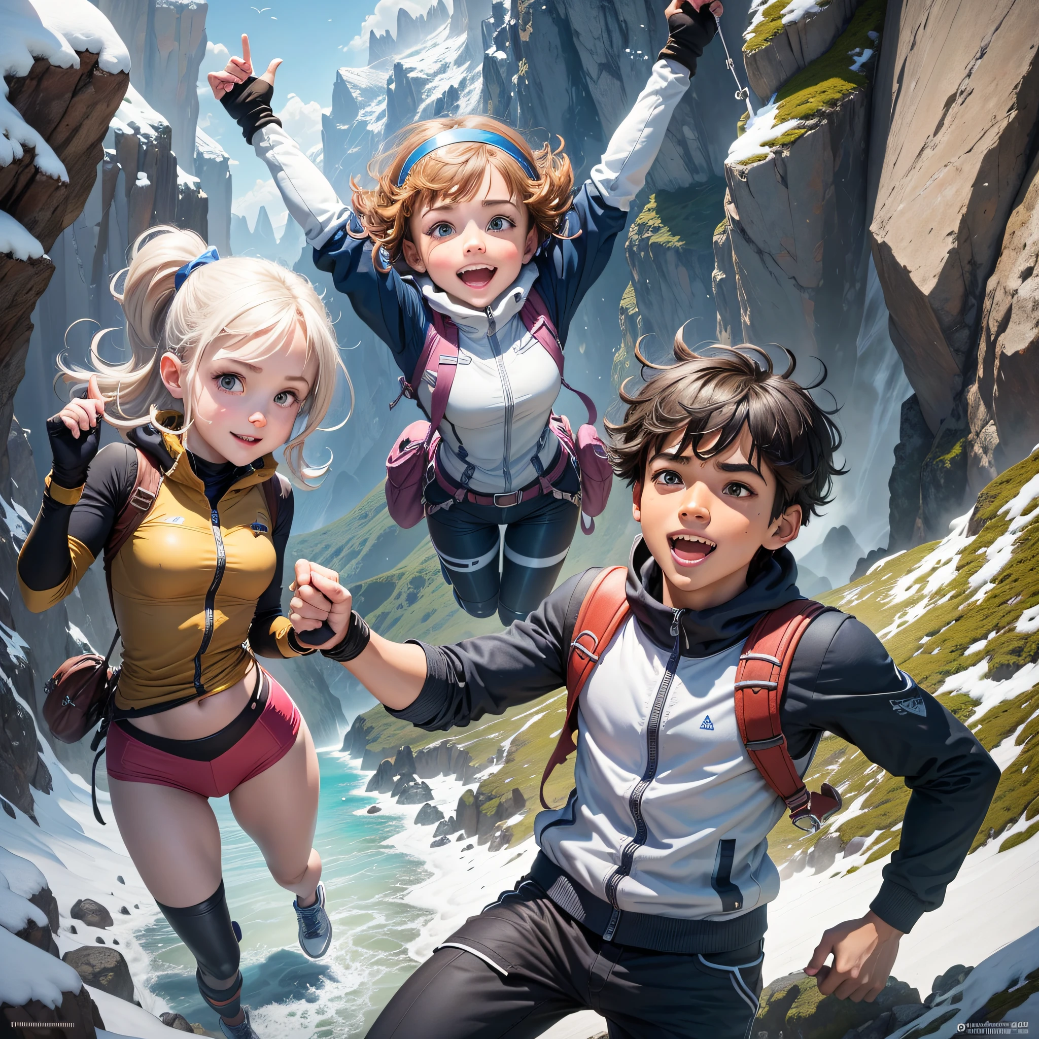 Three inseparable friends, two boys and a girl, live exciting adventures together in an imaginary world. They explore enchanted forests, snowy mountains and sunny beaches, always with lots of fun and laughter along the way. The white guy is a tech genius, always inventing amazing gadgets and creative solutions to the problems they face. The black boy is a talented athlete, running, jumping and climbing with ease, while the brunette girl is a talented artist, painting and drawing everything she sees. Together, they take on dangerous villains, solve intriguing mysteries, and help those in need. With colorful, high-quality illustrations in 8k, the adventures of these three friends are so exciting and fun that they'll leave kids wanting more. --auto --s2