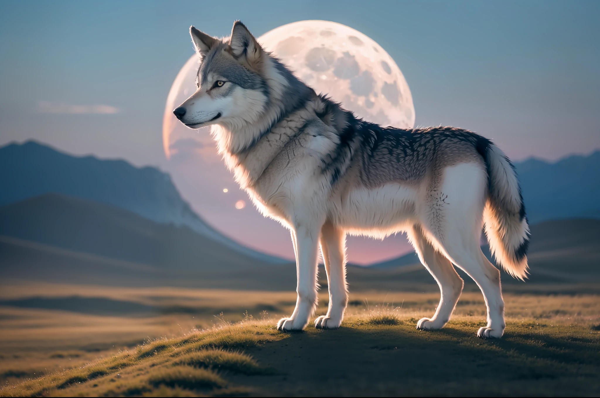 A wolf on a moonlit night on the steppe