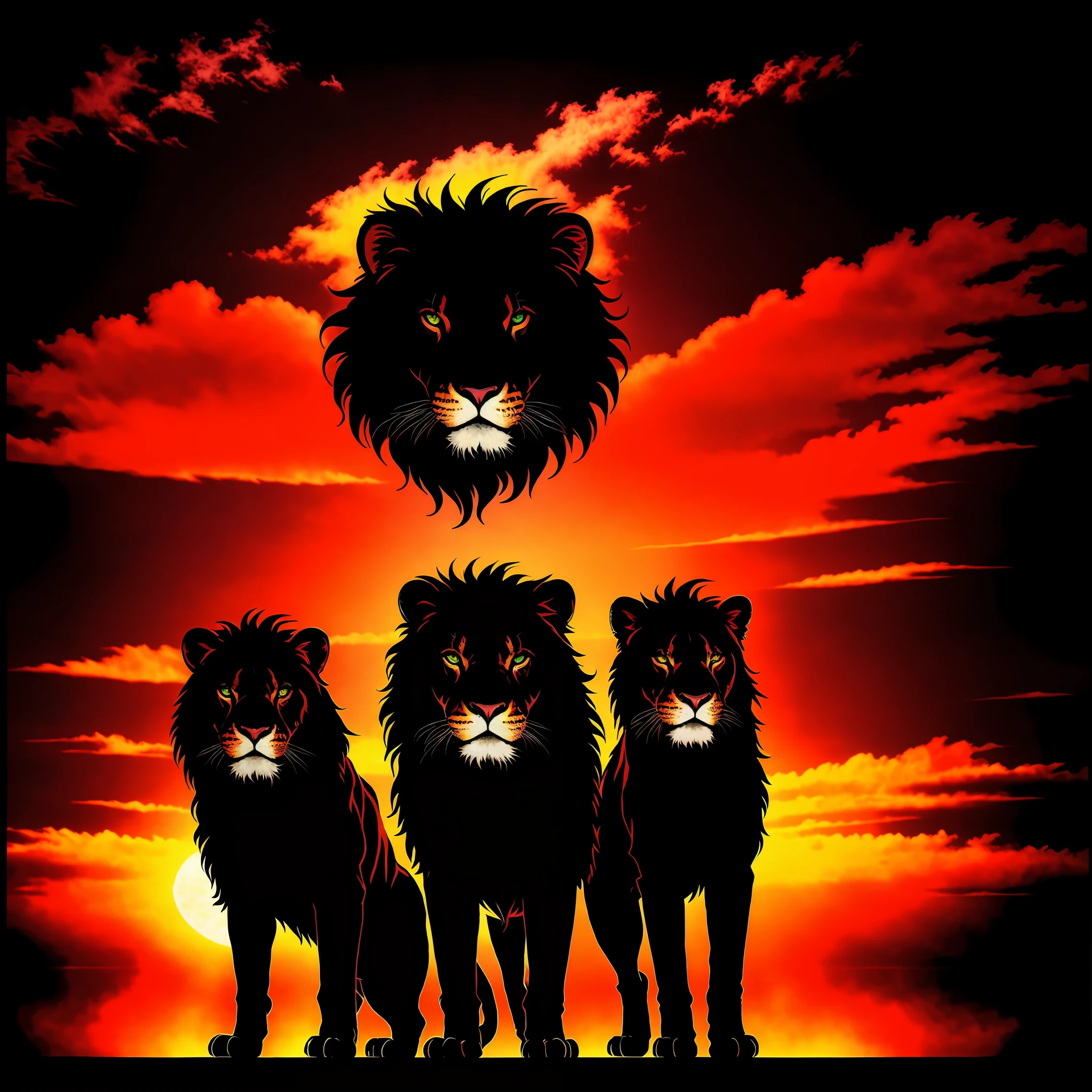 80's rock band album cover + silhouette of a lion's head + album title written with flaming lyrics, the title is "Creatures of the Night", black synthwave background