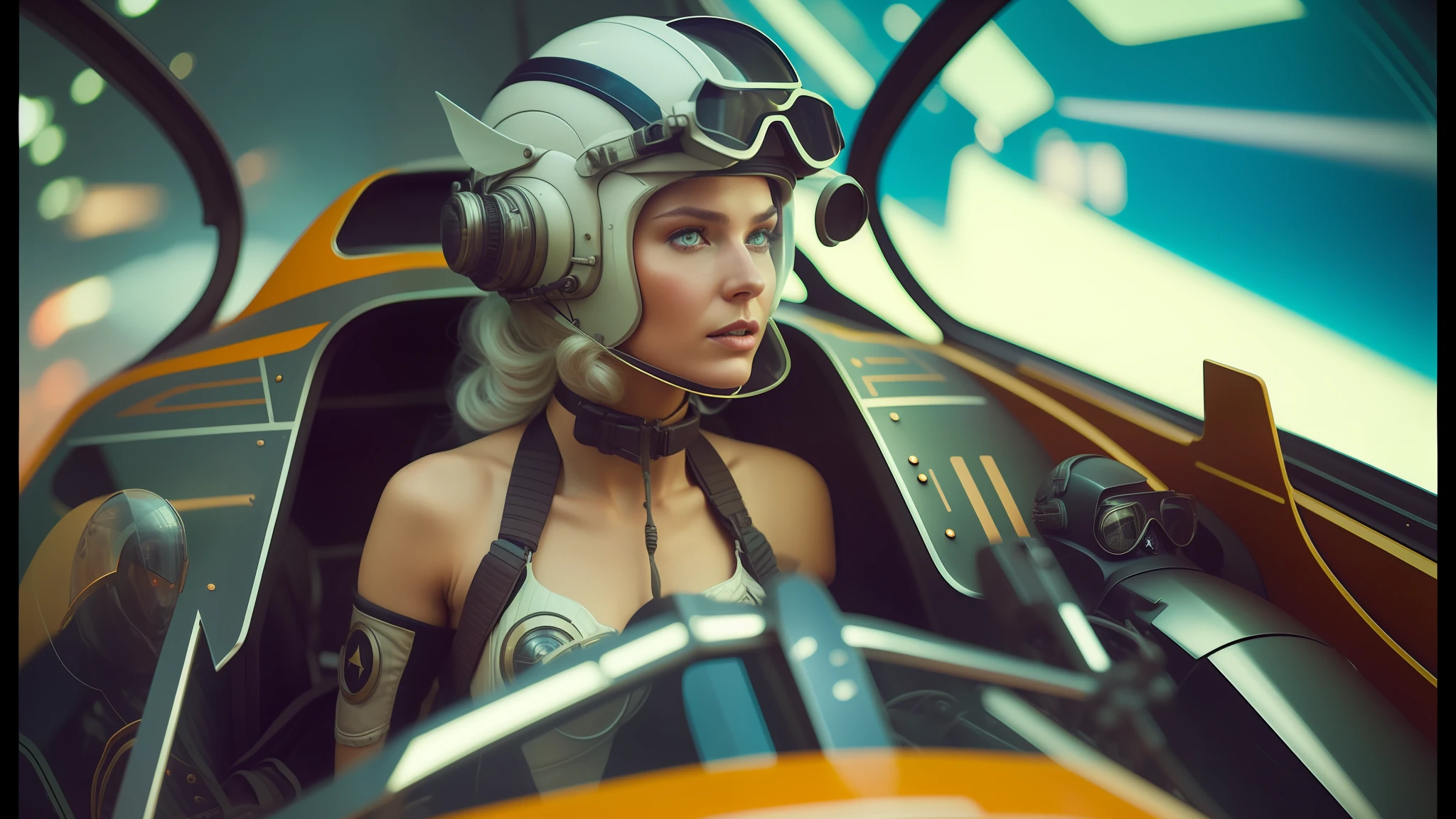 there is a woman in a helmet and goggles sitting in a vehicle, 2 0 2 1 cinematic 4 k framegrab, marc brunet, vintage pilot clothing, modeling photograph kerli koiv, style of dragan bibin, starfighter, super wide angel, mandy jurgens art, moebius and android jones, hyperreal highly detailed 8 k, pilot