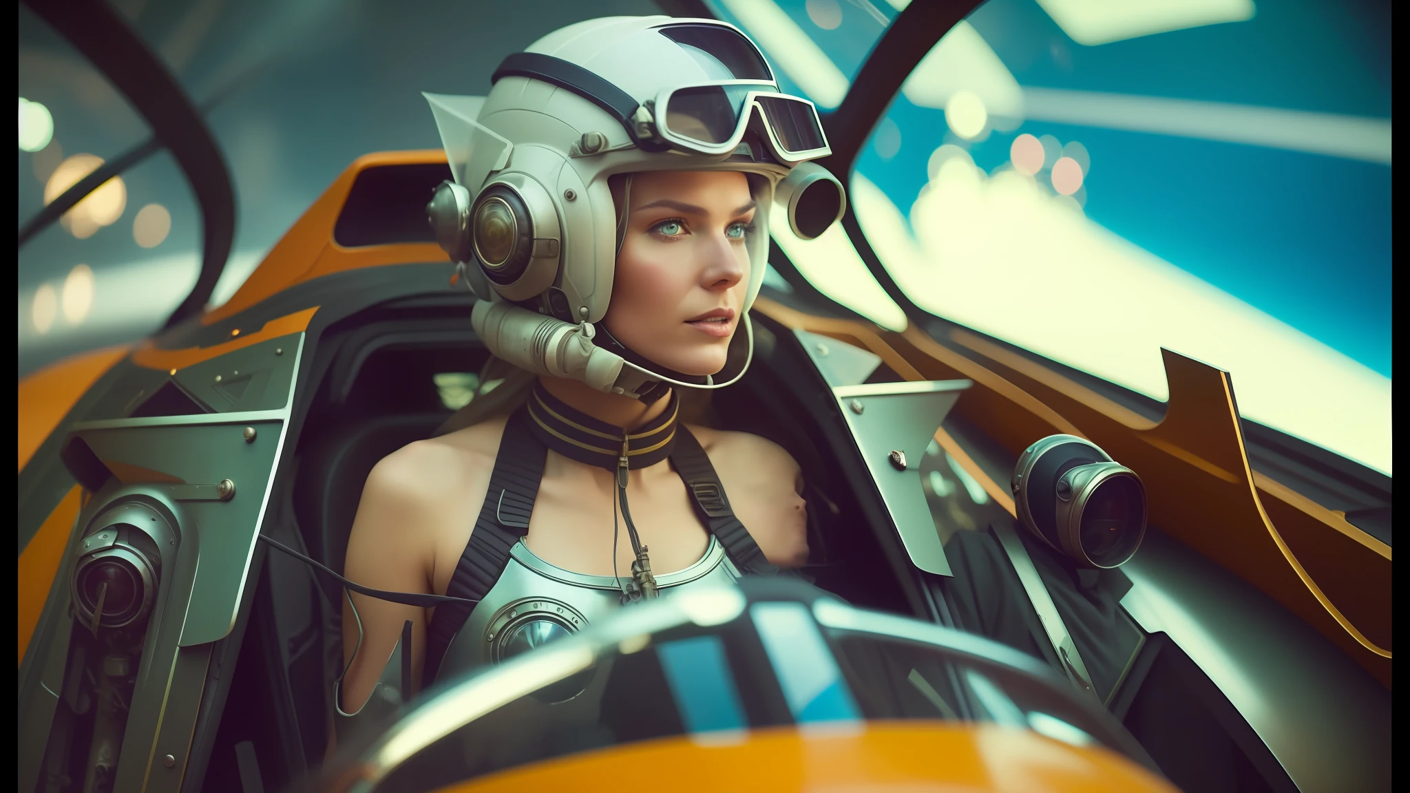 there is a woman in a helmet and goggles sitting in a vehicle, 2 0 2 1 cinematic 4 k framegrab, marc brunet, vintage pilot clothing, modeling photograph kerli koiv, style of dragan bibin, starfighter, super wide angel, mandy jurgens art, moebius and android jones, hyperreal highly detailed 8 k, pilot