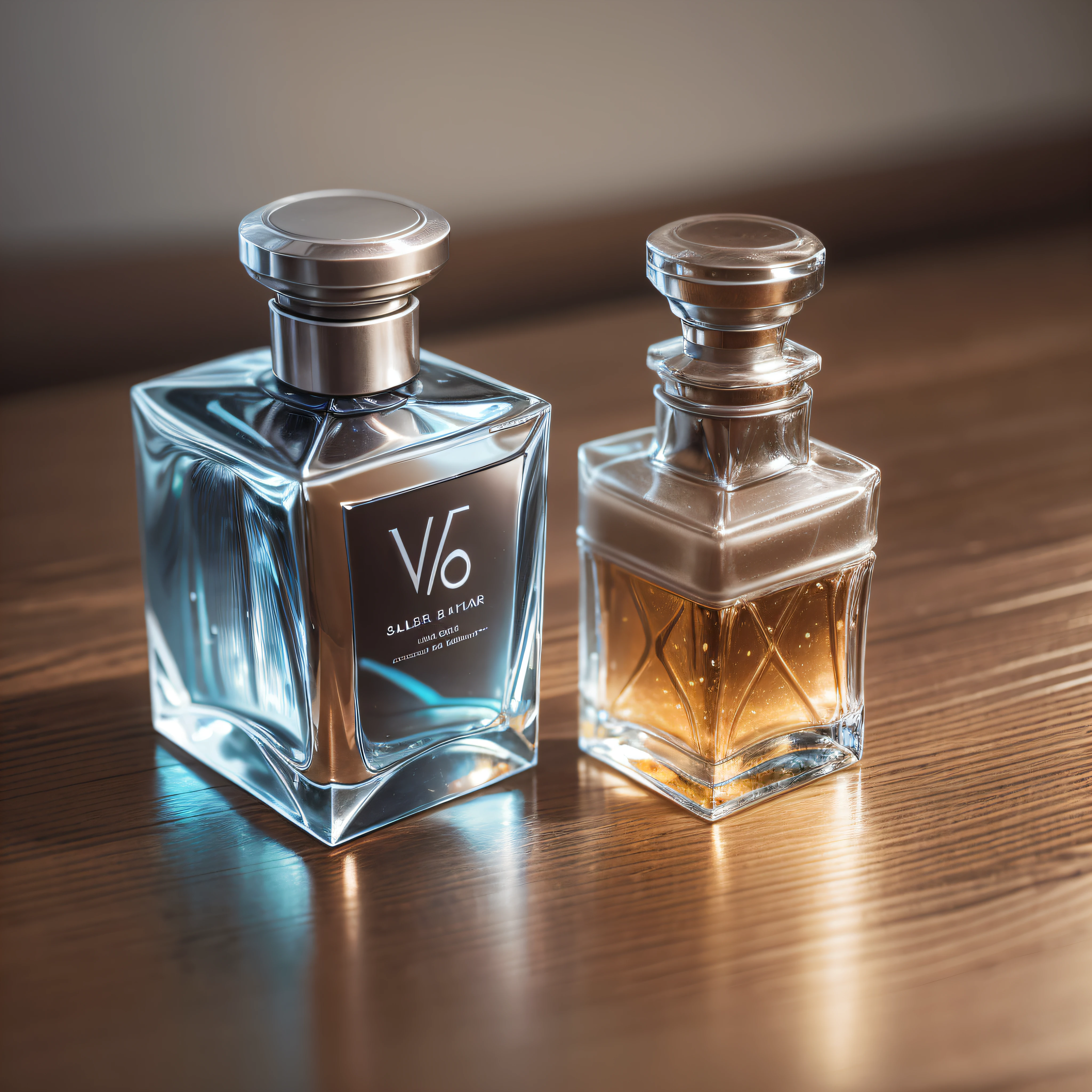 Close up of a bottle of perfume next to a glass of water, perfume bottle, product photography, product photography 4k, professional product photography, professional product shoot, professional product photo, beautiful, high quality product photography, product photo, product shot, good looking, Holding a bottle of perfume, the most beautiful, by Jakob Gauermann, silver -- v 6 --auto --s2