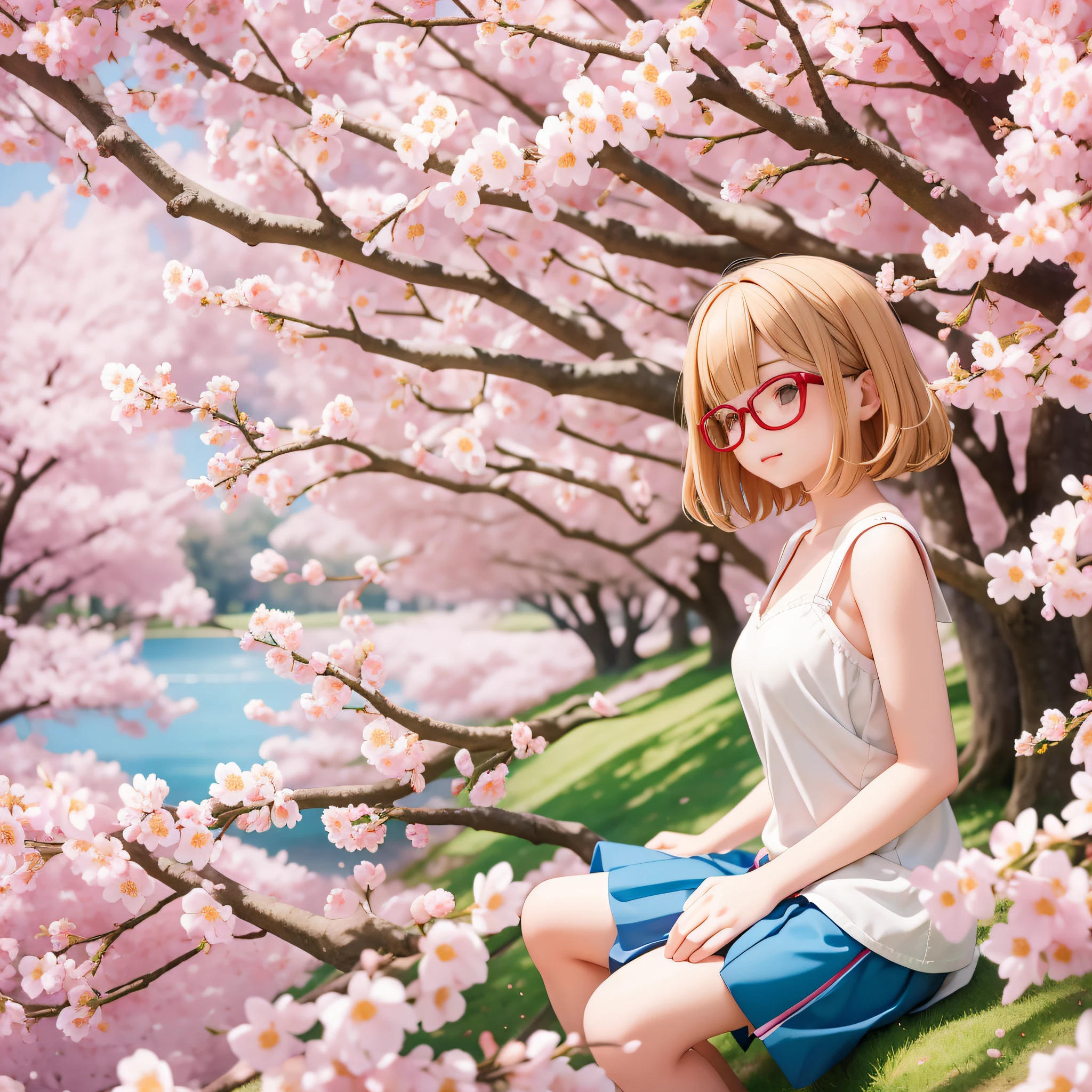 Rows of cherry blossom trees along the river. Full bloom. Leaning on a very large cherry tree trunk and waking up from sleep is Emily, a -yeld Frh girl. Wavy short-cut hair mixed with brown and blonde, straight bangs, beauty with glasses, small breasts, fond of camisoles. I like brown frame glasses.