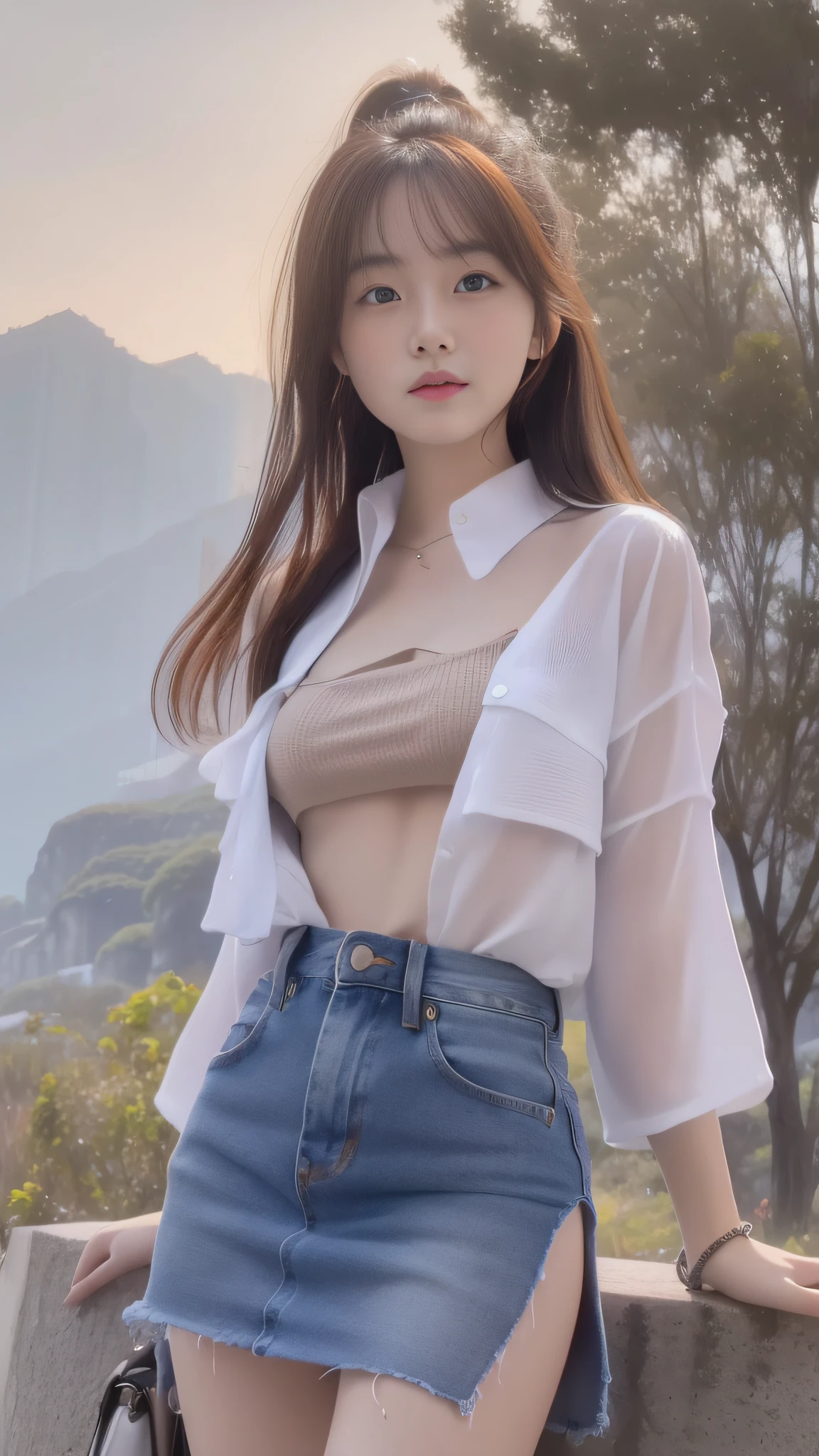 ((Dark Light, Top Quality, 8K, Masterpiece: 1.3)), (Focus: 1.2), 1 Girl, (Mountain Top, Sea of Clouds, Big Tree: 1.5), (Beauty with Elongated Abs: 1.4), ((Layered Hairstyle, Small Tits: 1.4)), (Through White Open Shirt: 1.6), {No Bra: 1.5}, (Denim Short Skirt: 1.4), Highly Detailed Face and Skin Texture, Fine Eyes, Double Eyelids, Whitening Skin, (Full body: 1.5),