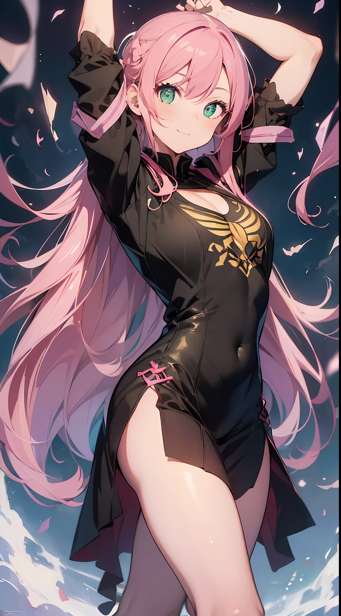 (((Masterpiece)),fullbody ((Super Detail, Best Quality, Hi-Res, 8k Wallpaper)) (One Girl) (Pink Hair, Long Hair, Straight Hair, two Sides Up)) (green eyes), eyeshadow, eyeliner, glow eyes, hyper detail eyes, complex eyes, beautiful eyes, (glowing pink pupils)) 18 year old girl .smile.wearing Chinese dress,torn clothes.actionpose,acrobatpose,kick.kick.kick.fighting stance,flame,burning