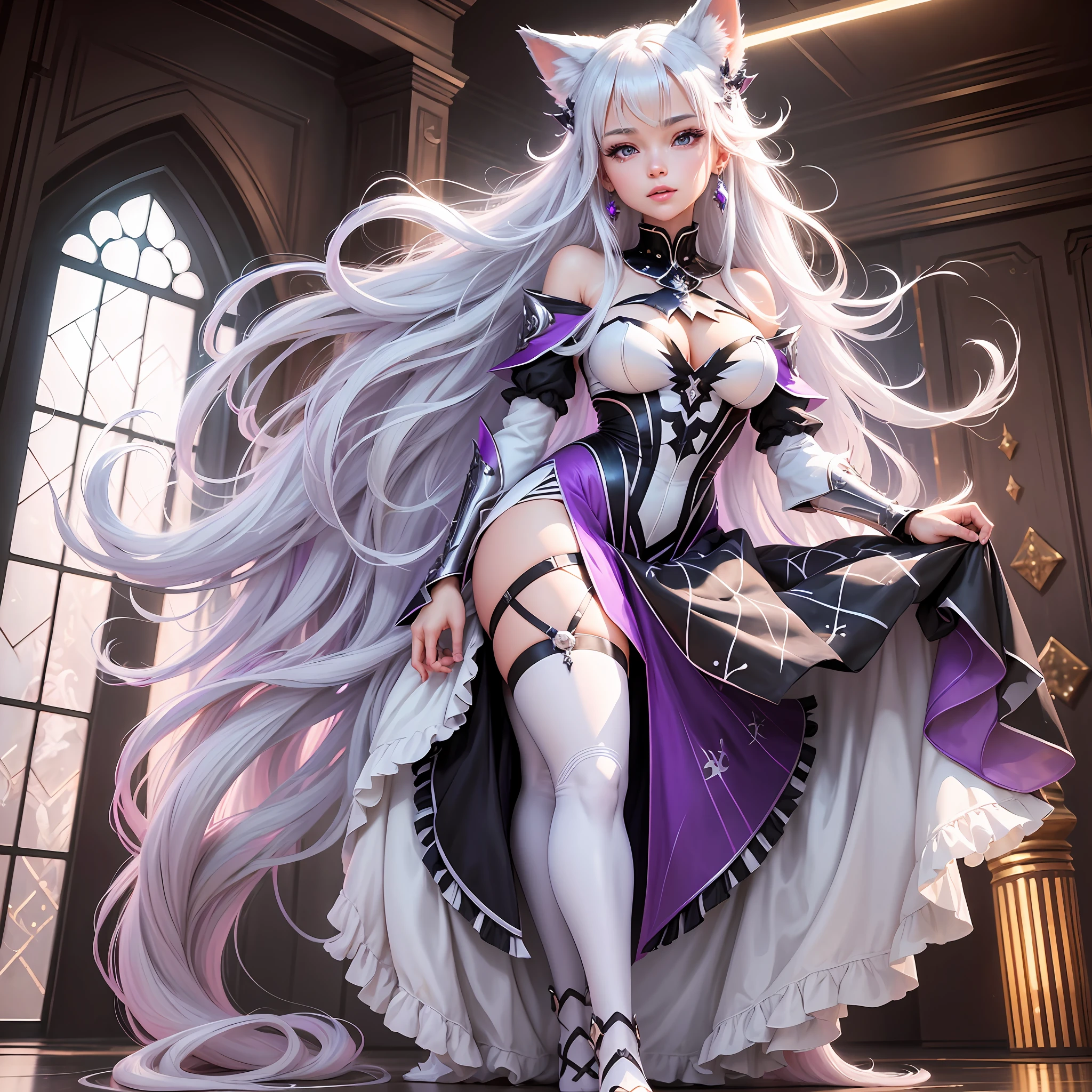 anime girl with long hair and cat ears posing in a room, art of silverfox, trending on artstation pixiv, extremely detailed artgerm, beautiful anime catgirl, white cat girl, very beautiful anime cat girl, fanart best artstation, 8k high quality detailed art, attractive cat girl, white - haired fox, guweiz on artstation pixiv,a close up of a woman in a white dress and a white cape, white haired deity, 8k high quality detailed art, anime goddess, beautiful alluring anime woman, [ 4 k digital art ]!!, anime barbie in white stockings, gothic maiden anime girl, beautiful cyborg angel girl, (1girl:1.3), solo, __body-parts__,full body portrait, amazing beauty,, dynamic pose, delicate face, vibrant eyes, (from the front), silver hair, streaked hair, very long hair, expressive hair, multicolored eyes, aqua eyes, purple eyes, animal ears, fox ears, pointy ears, heart earrings, earrings, wolf ears, light smile, shy, blush, parted lips, licking lips, heavy breathing, naughty face, naughty, sparkle, god rays, super detail, high quality, anatomically correct, textured skin, best quality,full body portrait,silver wolf,seen from below,resolution 4098x2160, 8k --auto --s2