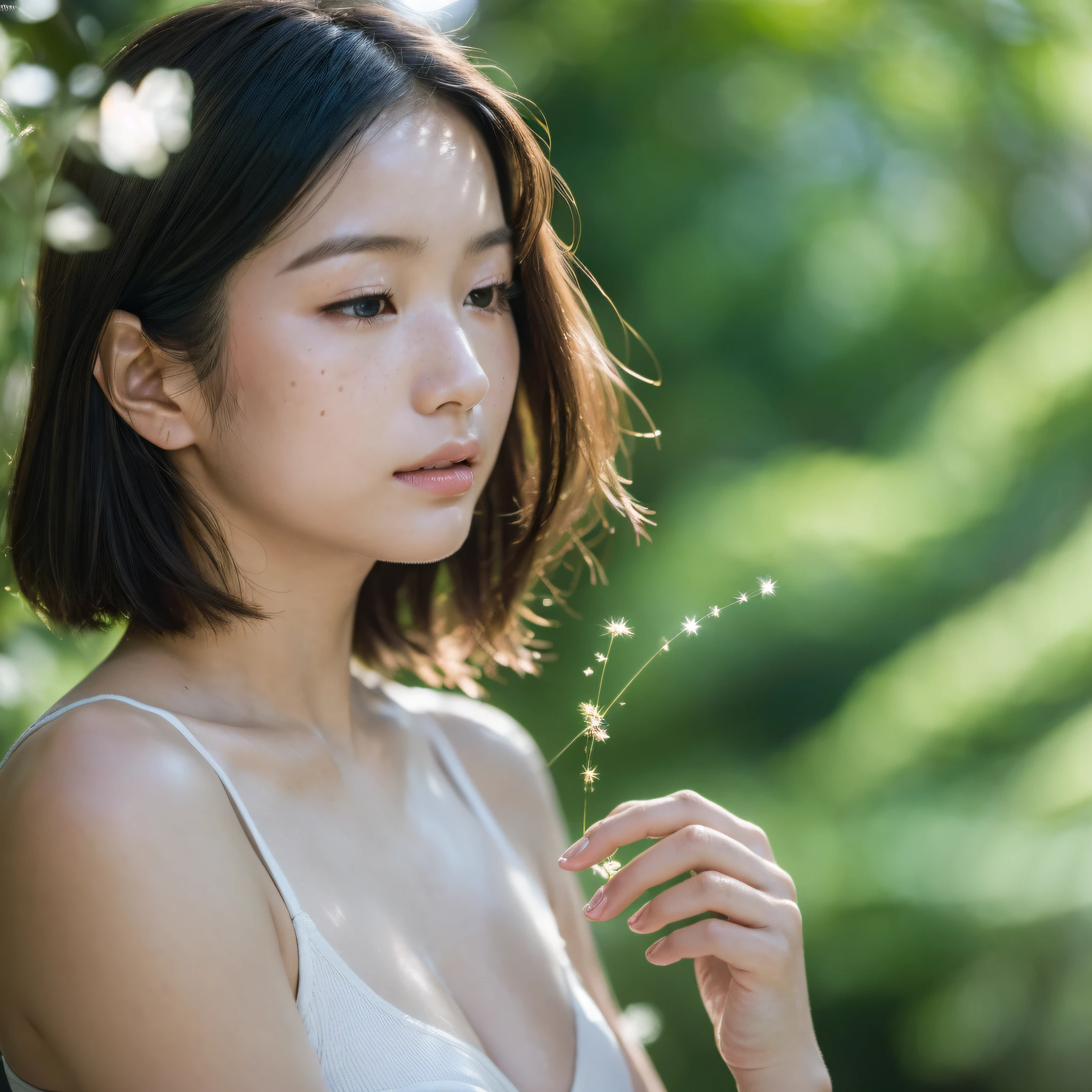 David Hamilton style, Japan woman, 20 years old, sunny, evening, forest, head to toe, barefoot, medium and tall, very short hair, lips are thin, lips are also light, eyes closed, eyes are small, eyes are frontal, profile, black hair, less freckles, contrast shallow ((((very beautiful portrait)), (glowing skin)), RAW photography, (monochrome, masterpiece, top quality, hyper detail, cinema lighting, intricate detail, high resolution, 8K, highly detailed), detailed background, 8K UHD, DSLR, soft lighting, high quality, film grain, ORIMPUS OMD, shallow depth of field, natural light, --auto --s2
