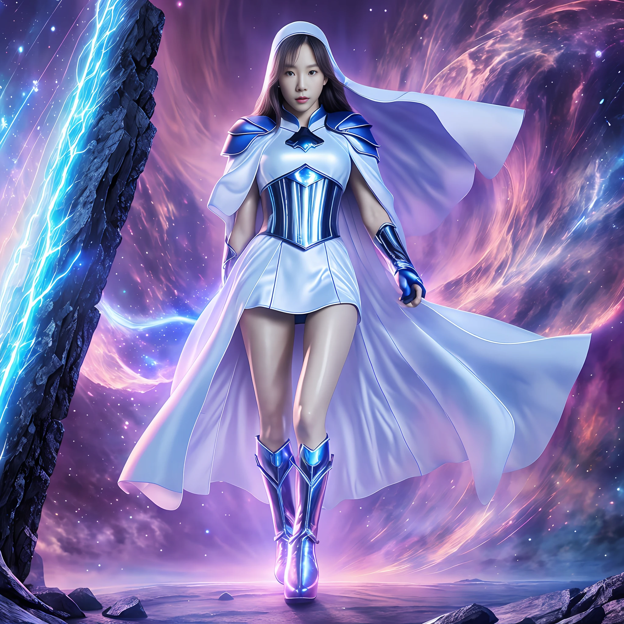 Kim Tae-yeon ultra-clear CG 8K wallpaper, masterpiece quality, high-end CG transformation special effects, wearing a delicate blue logo uniform, shining white cloak and blue gloves boots, the whole body emits mysterious magical light, superhuman power, mysterious and weird, one person, powerful superpower cosmic light wave energy.