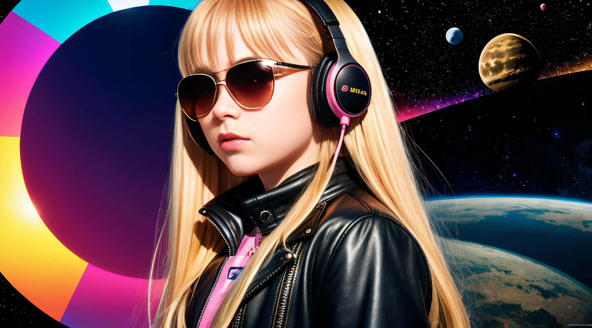 closeup of a 10-year-old Russian child girl, with long blonde hair, leather jacket and sunglasses, with headphones holding a Pink Floyd album, The Dark Side of the Moon, Dark Side, Anime Moe Artstyle, Prism, 2D CG, Guweiz Style Art, 3840x2160, 3840 x 2160, 4K Anime Style,  Wallpaper!, High Quality FanArt