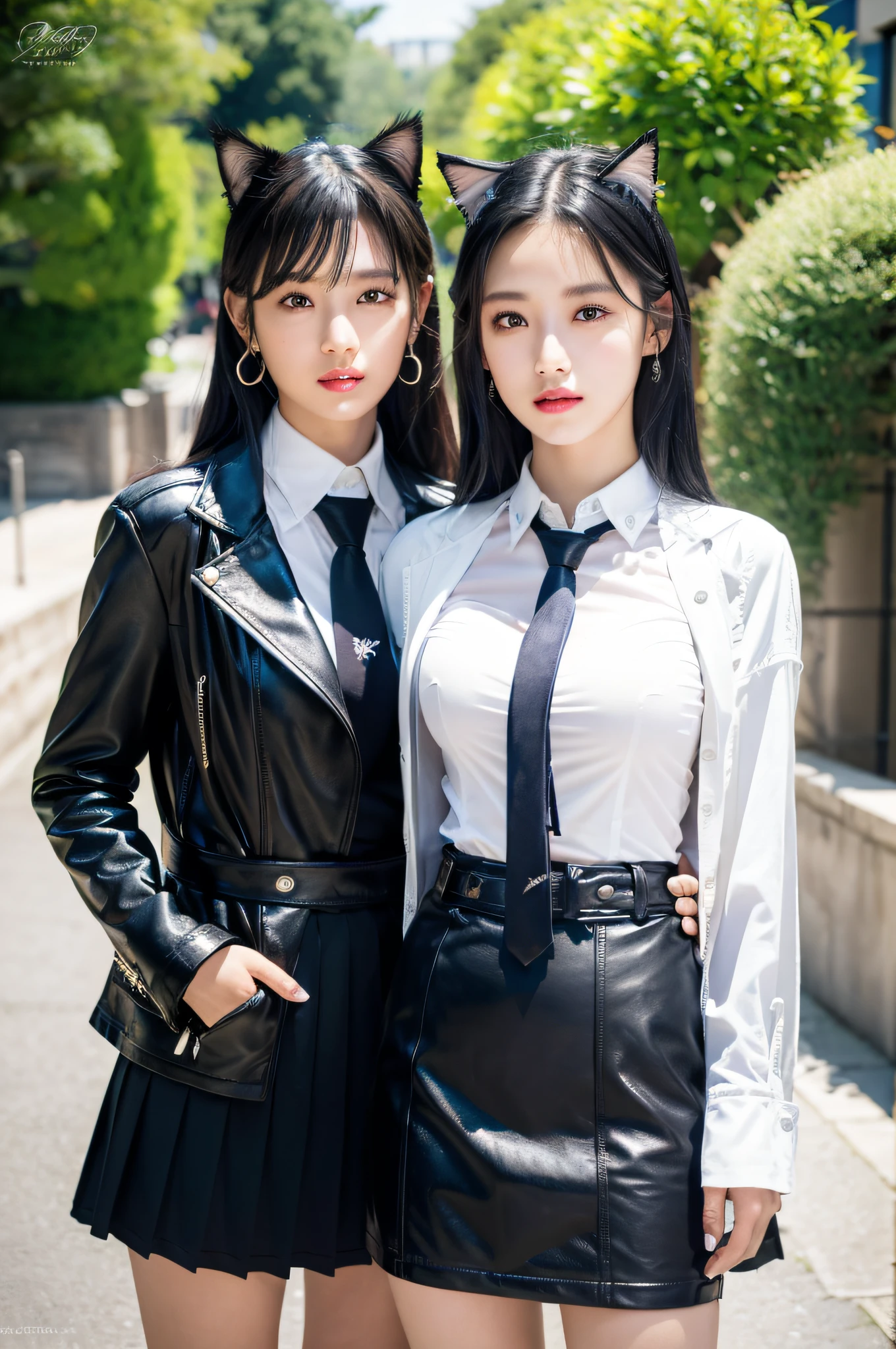 2 girls, 2 women, Omertosa, head, outdoor, day light, industrial, beach side, tourist (full body: 0.65), hair dressing, long hair, black hair, black shirt, white shirt, tie, leather tie, silk tie, student dress, open jacket, leather jacket, leather skirt, pleated skirt, short skirt, belt, cat ears, jewelry, pony tails, floating hair, bright eyes, eye makeup, puffy eyes, medium lips, lipstick, dark lipstick, dimple, thin face, beautiful face, detailed face, earrings, feminine, [:(detailed face:1.2):0.2],(looking at viewer:1.2), medium breasts, slim waist, long legs, pretty legs, thigh lace bands, real skin texture, shinny skin, oily skin, posing, supermodel, most viewed, nikon d750 f/1.4 55mm, detailed shadow, (realistic, photo-realistic:1.37),(sharp focus:1.2),(ISO high), (masterpiece,best quality), professional lighting, ultra high res, (ulzzang-6500-v1.1:1)