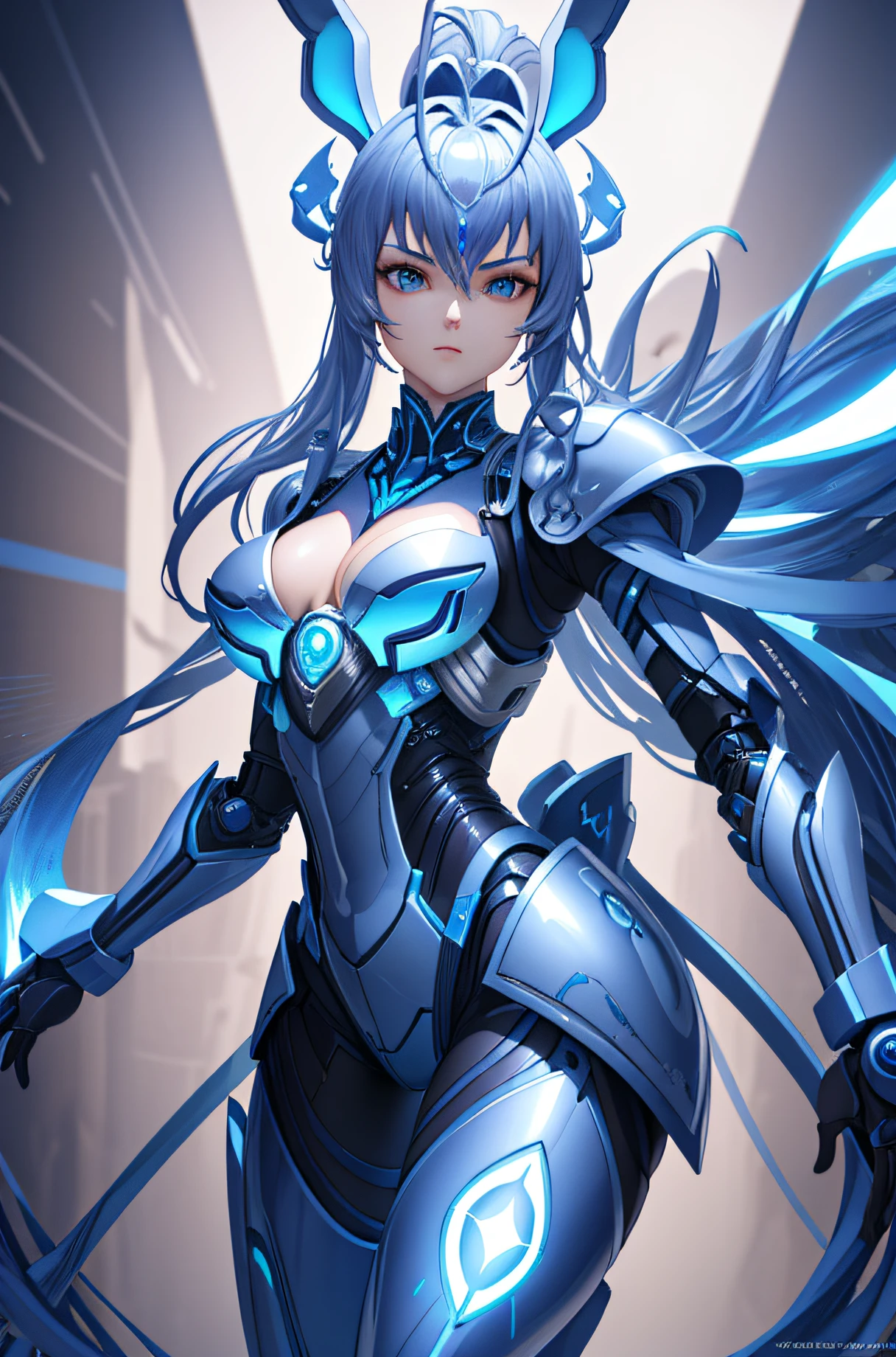 "An ultra-detailed and high-resolution masterpiece of CG unity 8k wallpaper, showcasing a stunning and dynamic shot of a solo female figure in blue futuristic armor, accentuated by sleek metal antennas that give the appearance of rabbit ears."