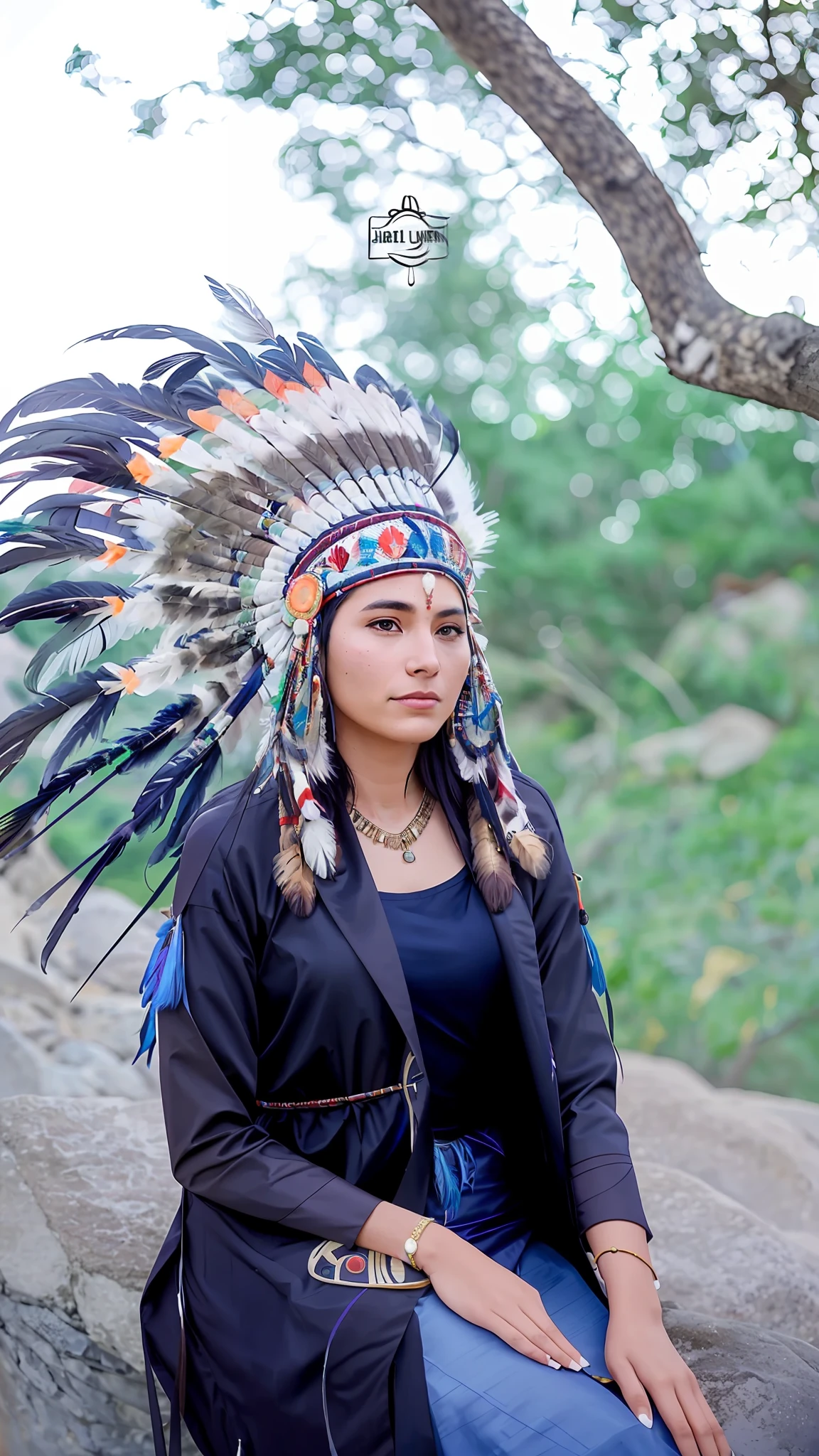 arafed woman wearing a feather headdress sitting on a rock, headdress, feathered headdress, wearing crown of bright feathers, feather native american headgear, indian, headpiecehigh quality, american indian headdress, wearing authentic attire, head piece, profile shot, tribal style, native american, crown of very long feathers, ornate headdress, traditional