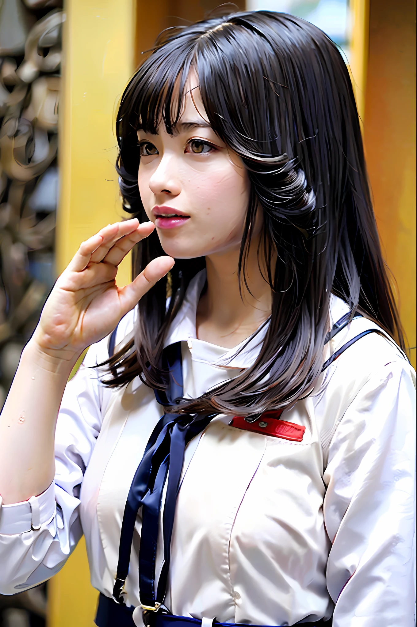 Top Quality, Masterpiece, Ultra High Definition, (Photorealistic: 1.4), Raw Photo, 1 Girl, Dark Hair, Glossy Skin, WET BODY, Dramatic Lighting, Full Body,, Micro Bikini, F Cup, 8k Quality, Uniform, Black Hair Long Perm, T-Back Purple, Garter Belt Black, Japan , Micro Mini Uniform, Model, Female Genitalia Exposure, Breast Exposed, Nipple Sheerness,, Brown hair long hair perm