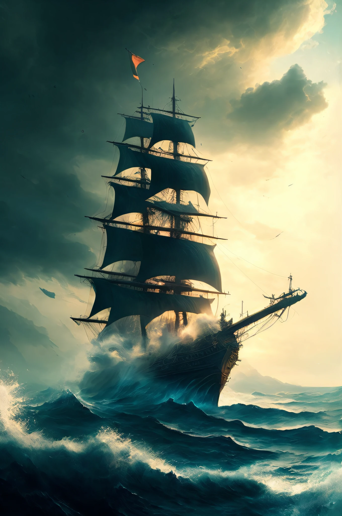 large three-masted ship flying a pirate flag, sailing up, front view, storm, foam on the waves, sky from orange to dark blue, clouds, cinematography, realism, realistic, clear focus, emitting diodes, smoke, artillery, sparks, racks, system unit, motherboard, author: pascal blanche rutkowski repin, hyperrealism, art station, detailed character design concept art, matte painting, 4 k resolution