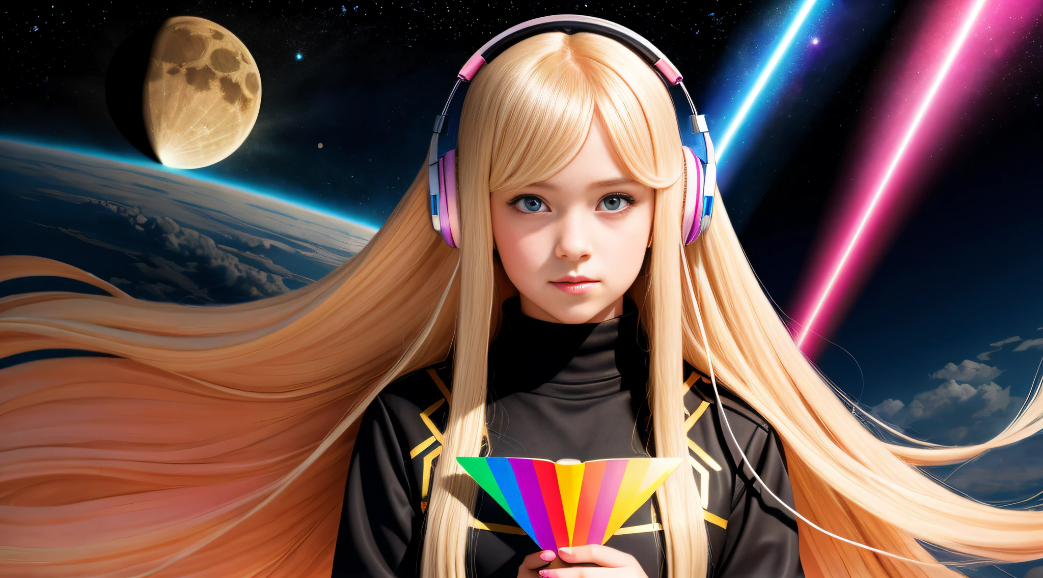 10 year old girl, blonde very long straight hair, PORTRAIT STYLE, with headphones holding a Pink Floyd album, The Dark Side of the Moon, Dark Side, Anime Moe Artstyle, Prism, 2D CG, Guweiz Style Art, 3840x2160, 3840 x 2160, 4K Anime Style, Wallpaper!, High Quality FanArt