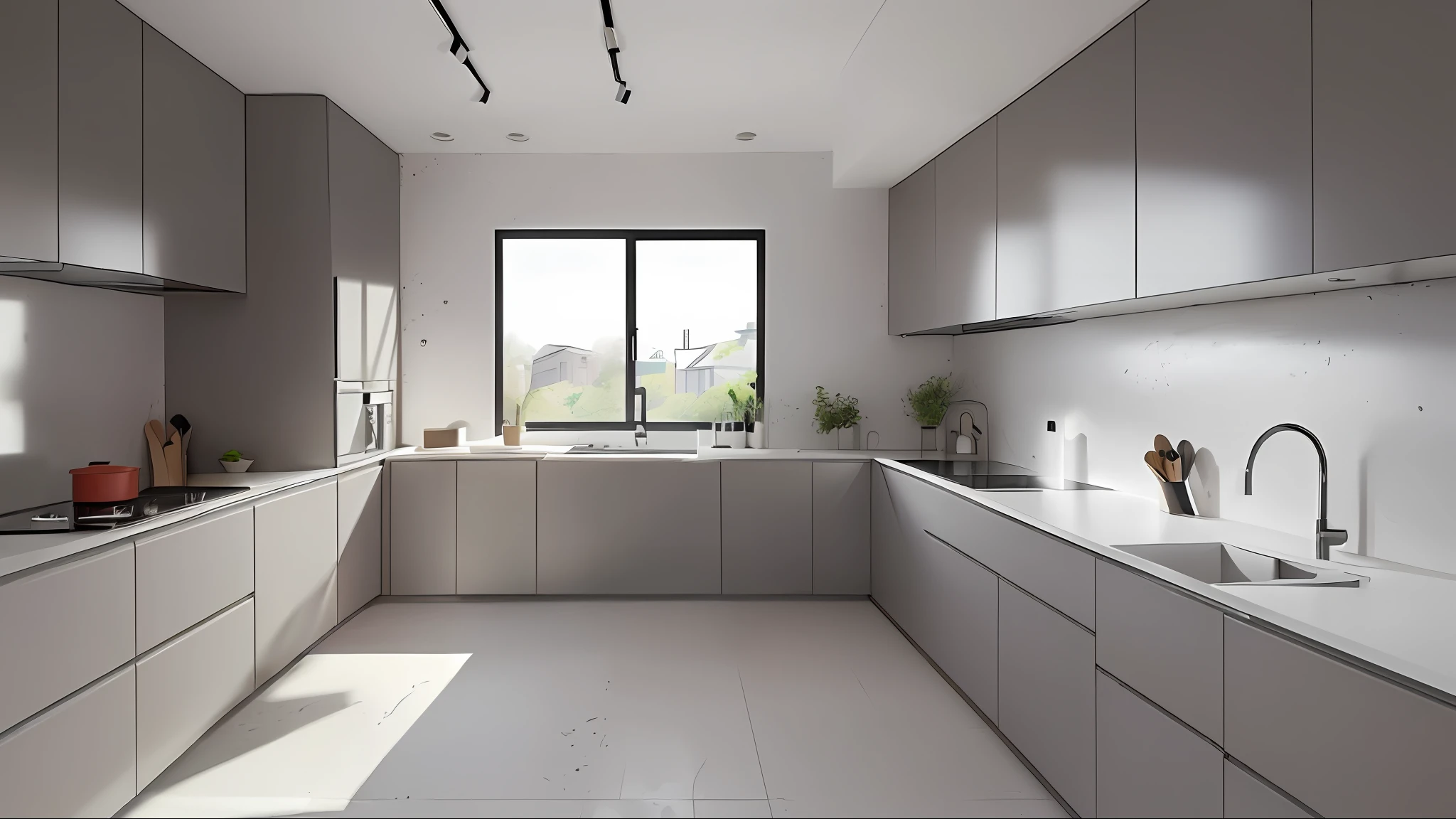 a view of a kitchen with a window and a sink, old kitchen backdrop angled view, modern minimalist f 2 0 clean, modern minimalist f 2 0, high quality topical render, modern style, high quality rendering, modern look, flat, flat grey color, sha xi, stone, minimal modern, floor tiles, 2 d cg, modern minimalist, platinum, far view