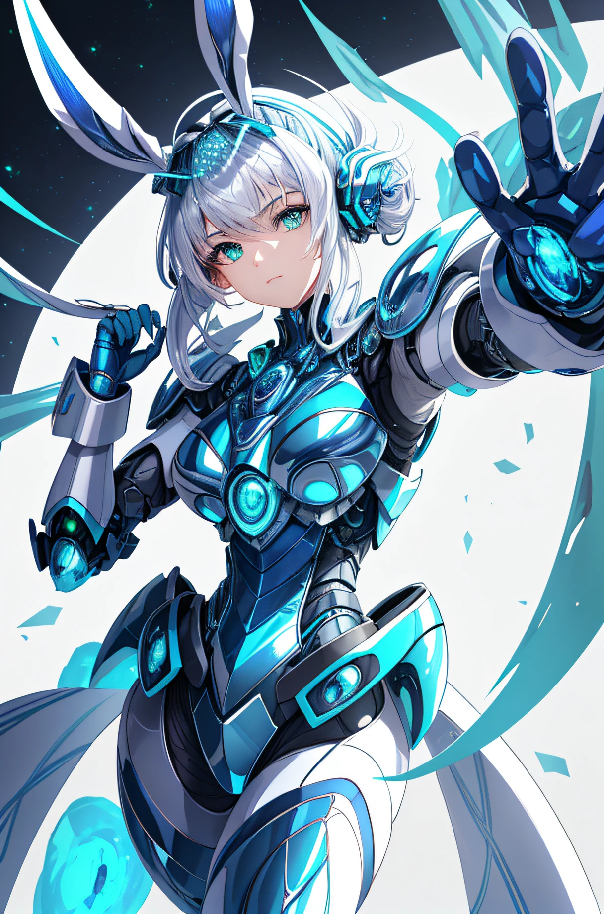 (ultra-detailed CG unity 8k wallpaper, masterpiece, best quality):(dynamic angle, solo, 1girl, blue cyborg armor styled in a police uniform, sparkling green eyes, mental antennas resembling rabbit ears, white hair)