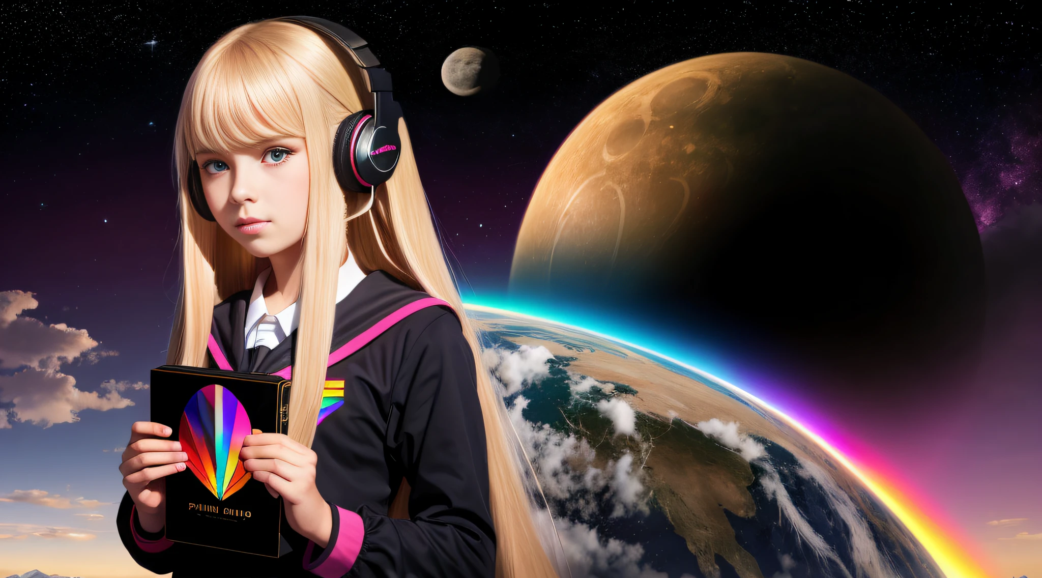 10 year old girl, blonde very long straight hair, PORTRAIT STYLE, with headphones holding a Pink Floyd album, The Dark Side of the Moon, Dark Side, Anime Moe Artstyle, Prism, 2D CG, Guweiz Style Art, 3840x2160, 3840 x 2160, 4K Anime Style, Wallpaper!, High Quality FanArt