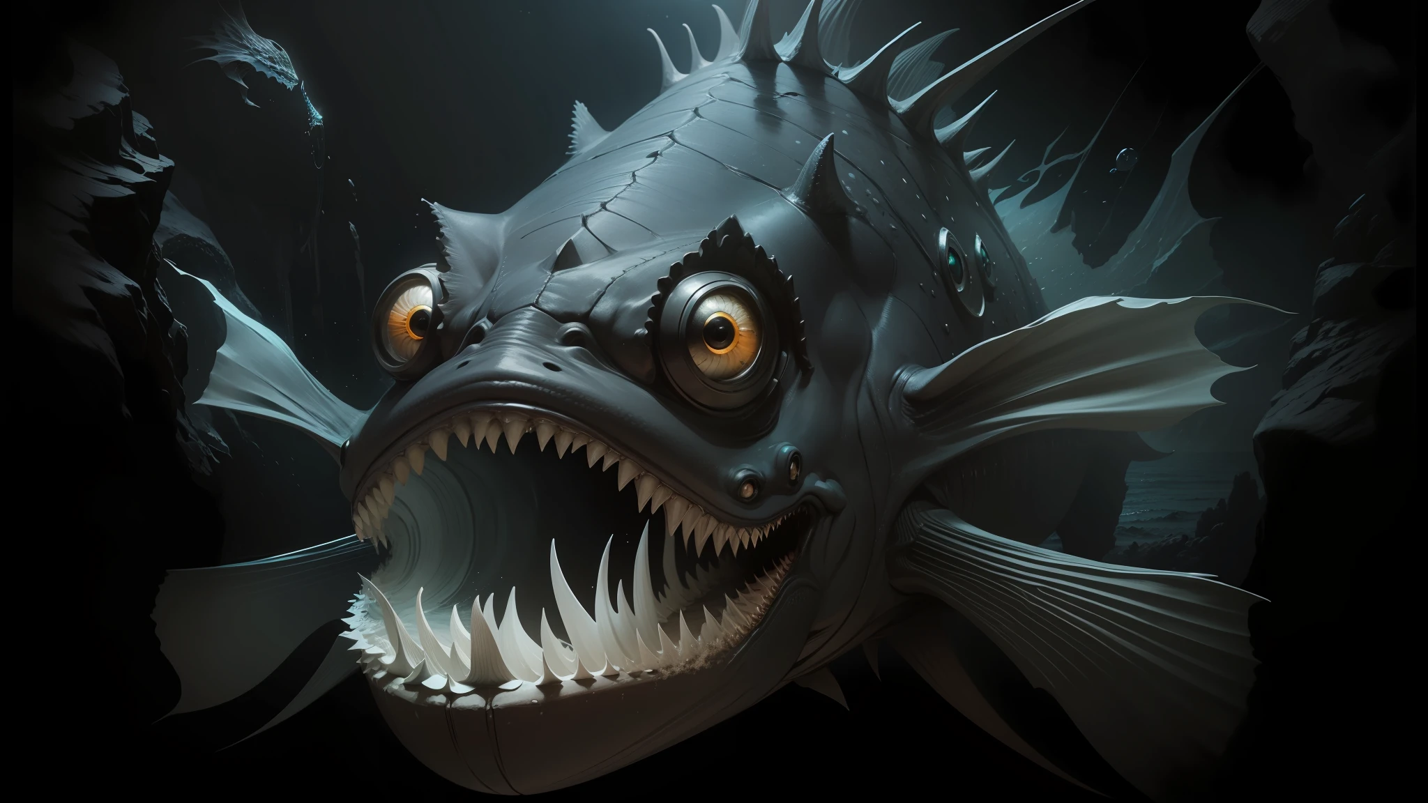 there is a fish with a big mouth and sharp teeth, illustration of an angler fish, angler fish, scary fish, deep sea picture, deep sea fish, scary sea monster, deep sea horror, deep sea monster, angler fish sculpture, hyper realistic fantasy monster, deep sea creatures, deep sea creature, underwater sea monster, dagon, sea monster, deep dark sea --auto --s2