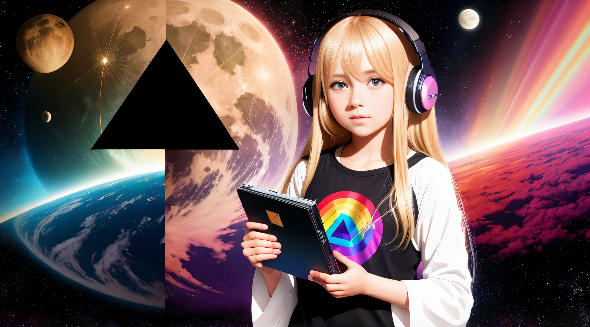 10 year old girl, blonde straight hair very long, with headphones holding a Pink Floyd album, The Dark Side of the Moon, Dark Side, Anime Moe Artstyle, Prism, 2D CG, Guweiz Style Art, 3840x2160, 3840 x 2160, 4K Anime Style, Wallpaper!, High Quality FanArt