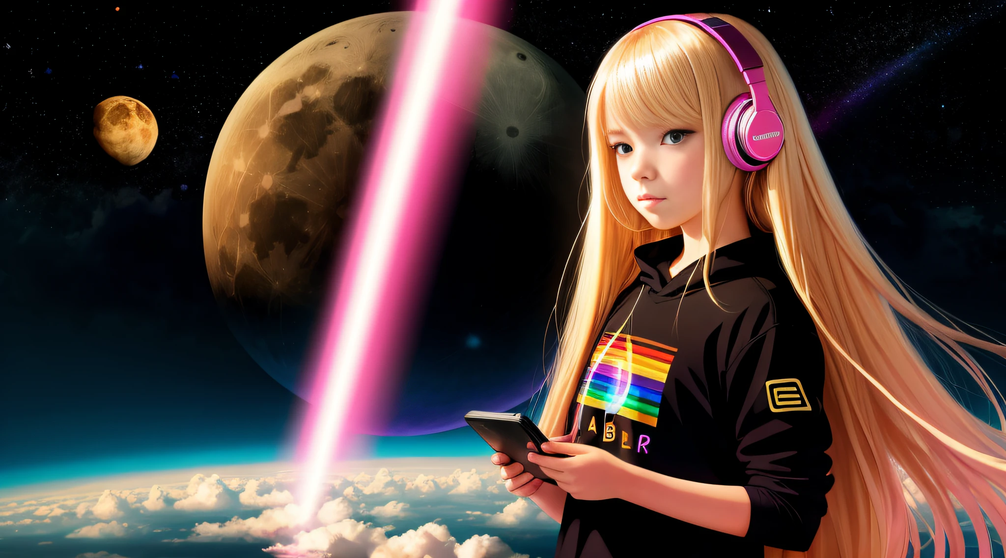 10 year old girl, blonde straight hair very long, with headphones holding a Pink Floyd album, The Dark Side of the Moon, Dark Side, Anime Moe Artstyle, Prism, 2D CG, Guweiz Style Art, 3840x2160, 3840 x 2160, 4K Anime Style, Wallpaper!, High Quality FanArt