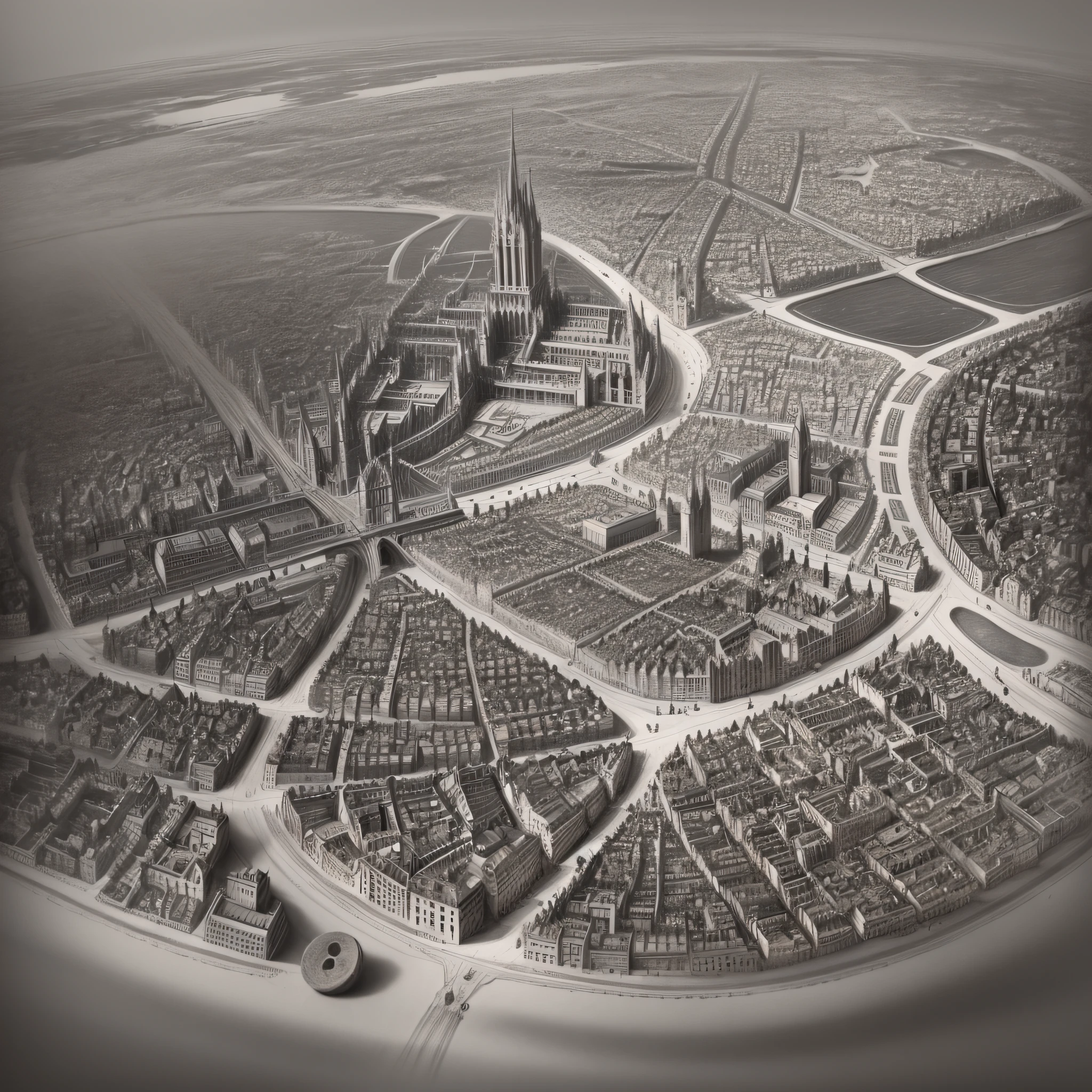 Geographical city map, fantasy city, pencil drawing style, many different fantasy buildings, streets around the city go from the city center in different directions, intersecting in diameter --auto --s2