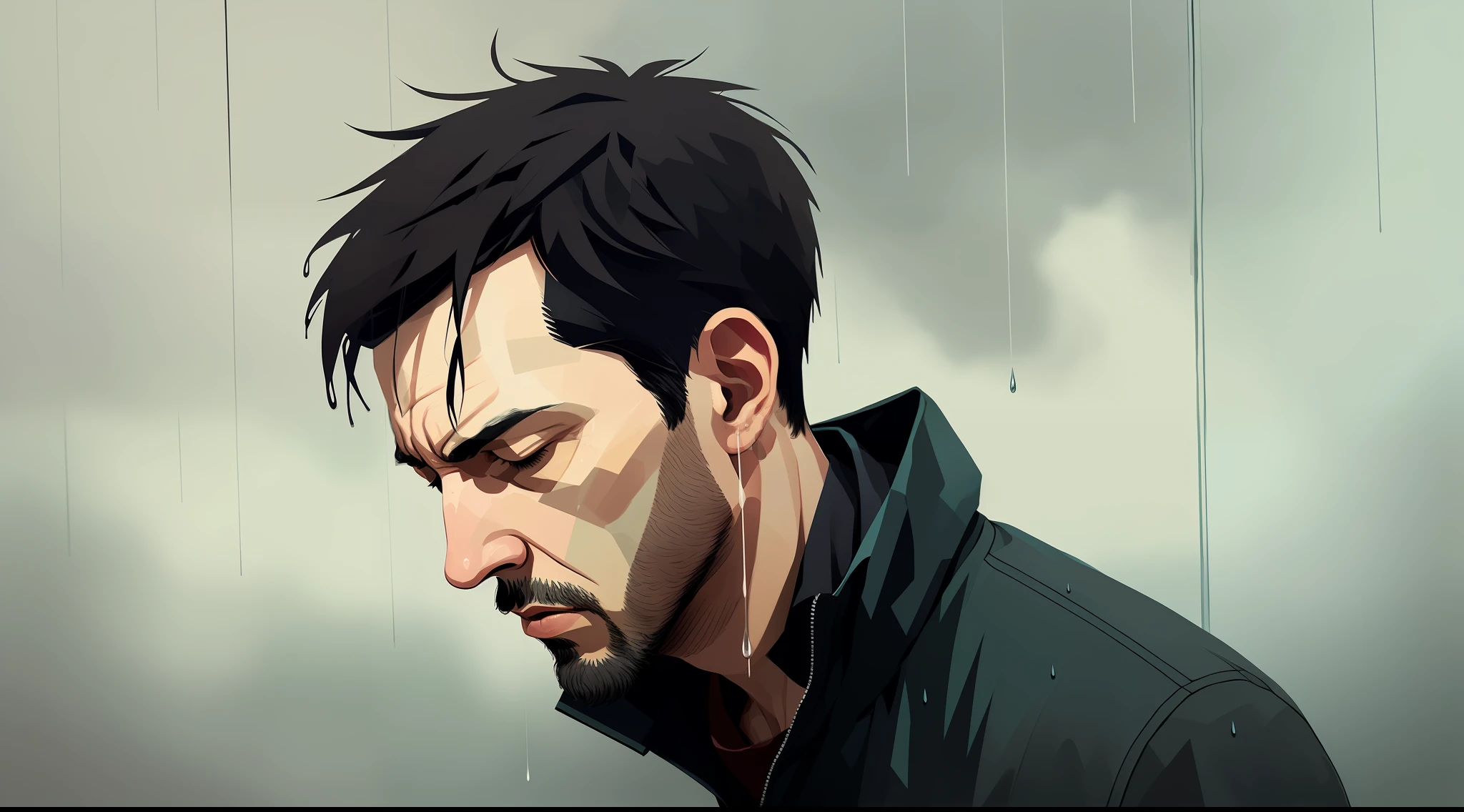 man, closed eyes, head up, by atey ghailan, heavy rain, moody, rain drops, wet,
 (watercolor:0.5), (borderlands:0.4),