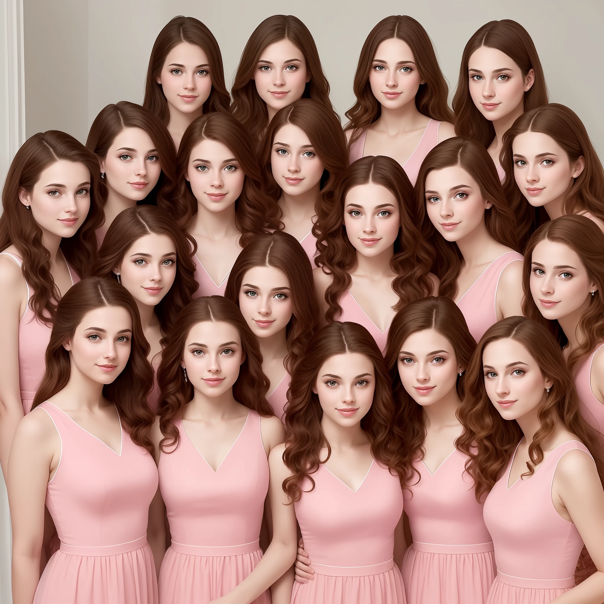 stunning identical sextuplets standing close together, in a room, 25 years old, full body, identical bodies, pale skin, athletic body, identical height, wearing pink dresses, same faces, same hairstyle, long wavy hair, same colour hair, light brown hair, five fingers on each hand, smiling, color, realistic, sharp focus on eyes, sharp focus on nose, 8 k, high definition, insanely detailed, elegant, ultra realistic, photorealism,