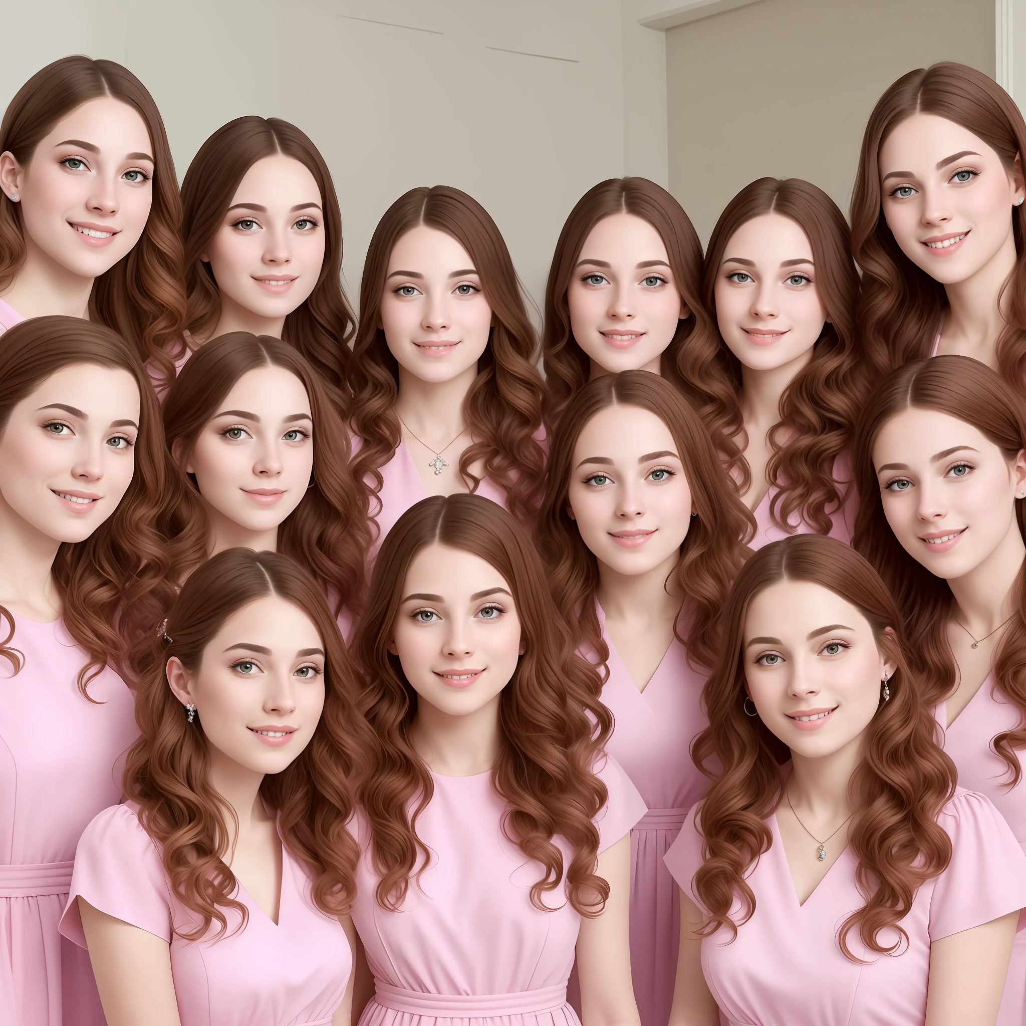 stunning identical sextuplets standing close together, in a room, 25 years old, full body, identical bodies, pale skin, athletic body, identical height, wearing pink dresses, same faces, same hairstyle, long wavy hair, same colour hair, light brown hair, five fingers on each hand, smiling, color, realistic, sharp focus on eyes, sharp focus on nose, 8 k, high definition, insanely detailed, elegant, ultra realistic, photorealism,