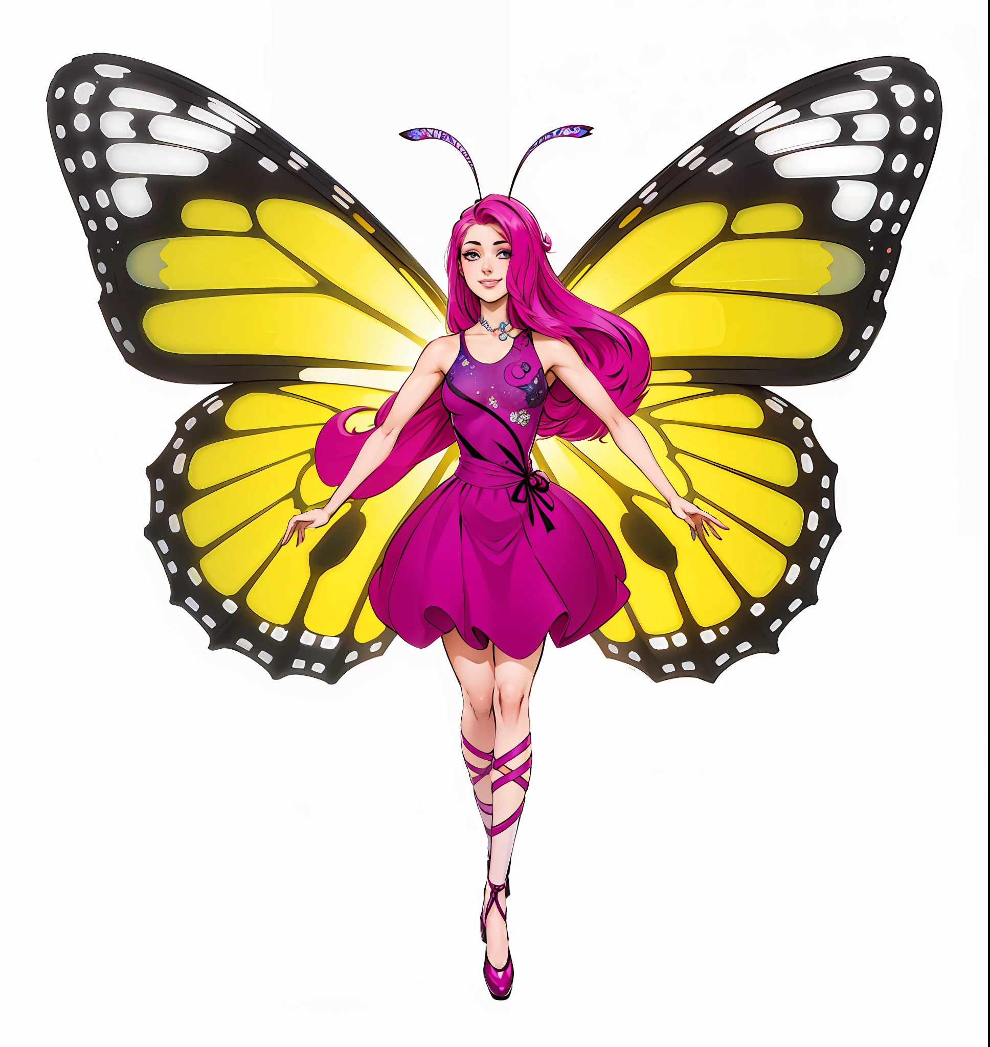 (Masterpiece), (Best Quality: 1.0), (Ultra High Resolution: 1.0), Detailed Illustration, 8K, Anime, 1gir, Anime Girl, Smile, Wear a Shirt, Butterfly Fairy Theme, Detailed Face, Perfect Face, Anime Eyes, Detailed Eyes, Black Eyes, Detailed Hair, Highlights in Hair, Very Detailed, Anime Style, Vibrant, Color, Color Photo, ((((Small and Medium Tits))), Perfect Face, Beautiful Face, Charming Smile