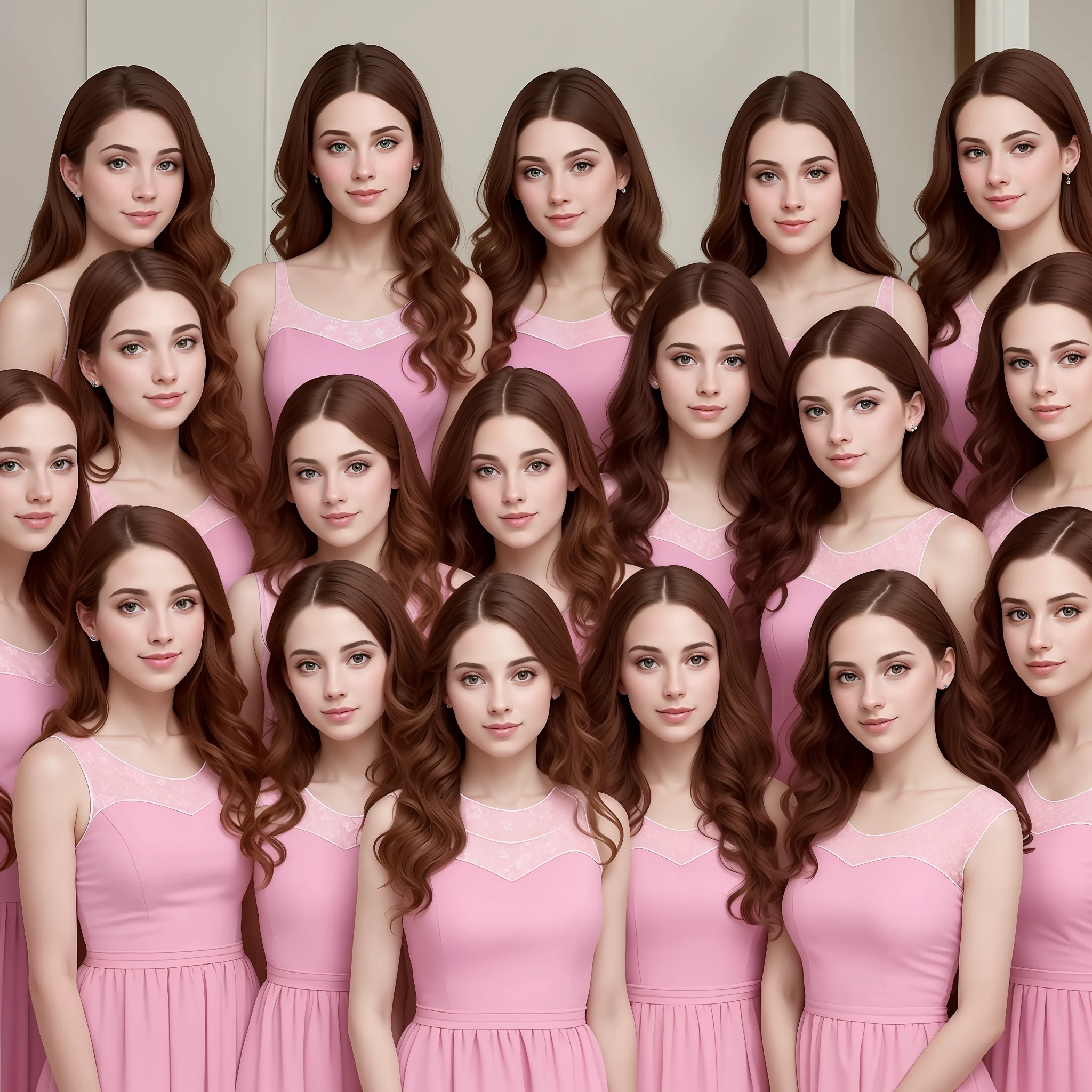 stunning identical sextuplets standing close together, in a room, 25 years old, full body, identical bodies, pale skin, athletic body, identical height, wearing pink dresses, same faces, same hairstyle, long wavy hair, same colour hair, light brown hair, five fingers on each hand, smiling, color, realistic, sharp focus on eyes, sharp focus on nose, 8 k, high definition, insanely detailed, elegant, ultra realistic, photorealism,