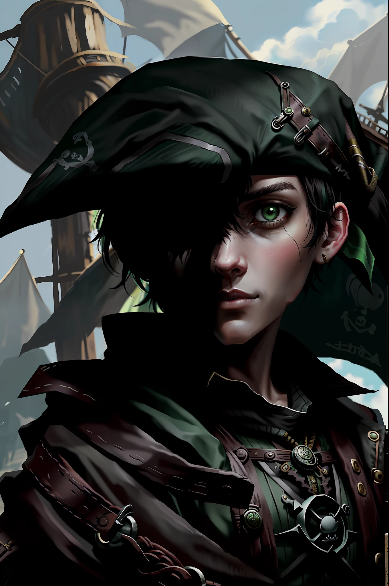 Man, pirate, short black hair, green eyes, young.