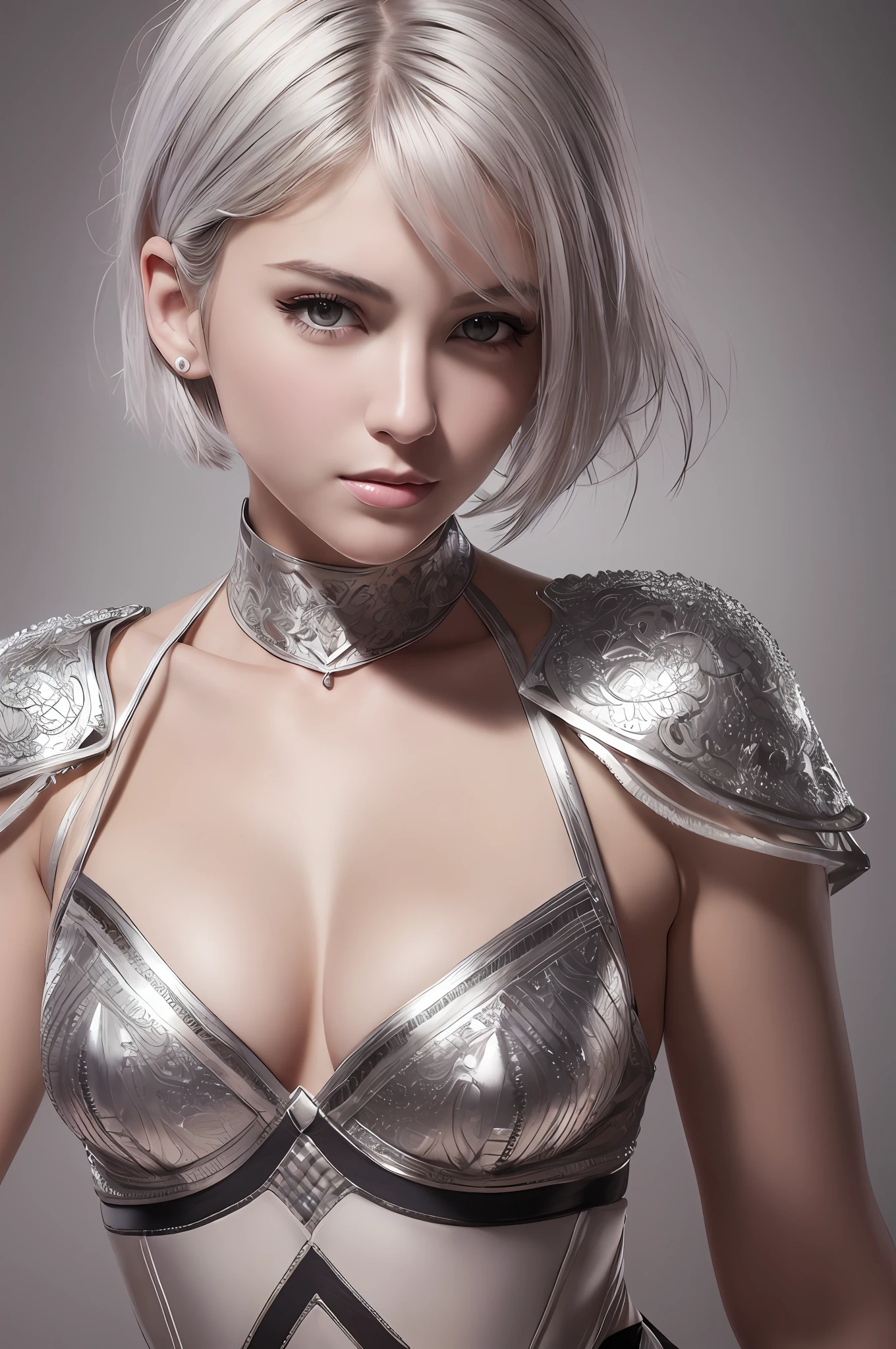 (8k, photorealistic, RAW photo, top quality: 1.4), (1girl), super beautiful, (realistic face), (boyish, silver color berry short hair), beautiful assassin, seduce viewer, beautiful expression, beautiful breasts, (realistic skin), beautiful smile, (soldier), charming, ultra high resolution, ultra realistic, high definition, spoiled