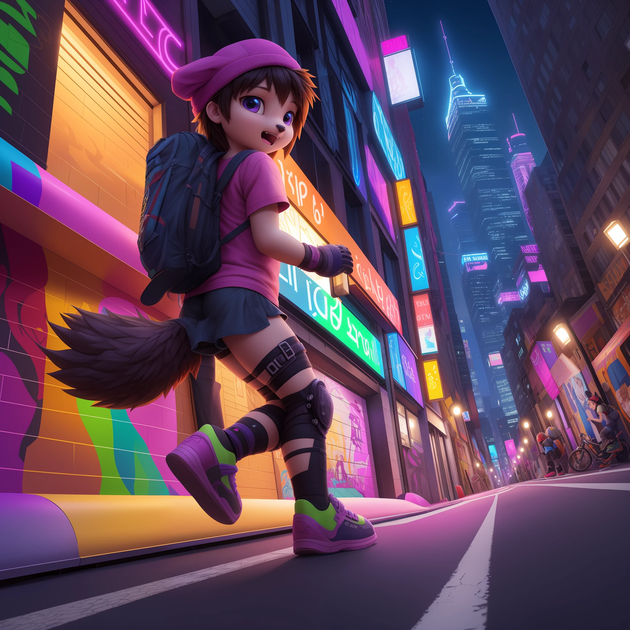 Beautiful and detailed picture of preteen girl, emo porcupine, (best quality, insanely detailed illustration:1.2), masterpiece, child, ???, very young, adorable, animal ears, animal nose, animal mouth, furry, anthro, epic realistic, hyperdetailed, intricate details, (hdr:1.25), (intricate details:1.14), (hyperrealistic 3d render:1.16), (filmic:0.55), hyperdetailed background, dynamic pose, city center, evening, streetlights, neons, posters, cars, bustling streets, tall buildings, urban landscape, vibrant, energetic, sprinting, colorful skateboards, graffiti-covered walls, park benches and railings used as obstacles, makeshift ramps, urban art and murals, thrill, joy, t-shirt, purple headwear, miniskirt, knee pads, gloves, backpack, urbanwear, butt