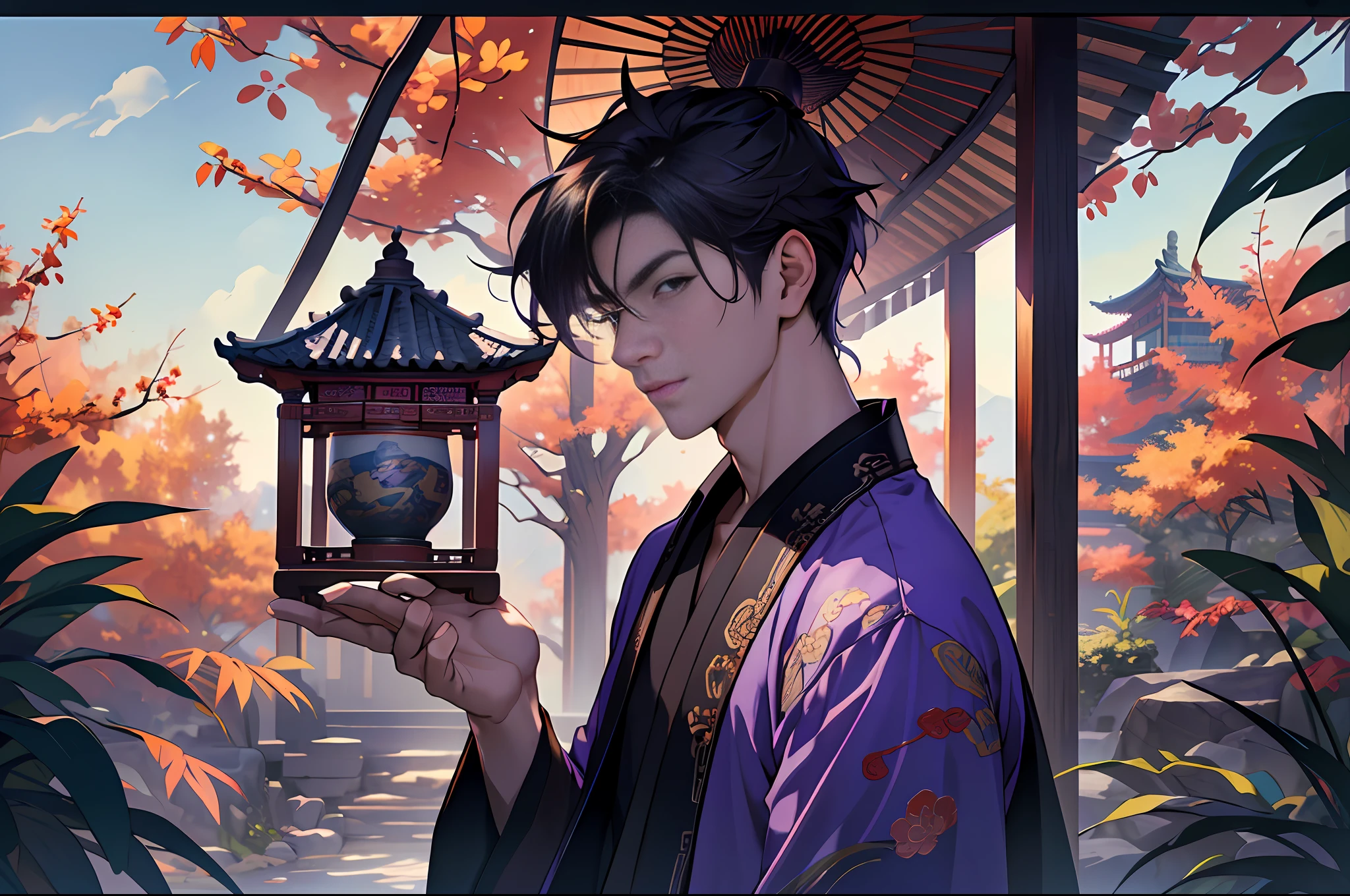 Best quality, masterpiece, high resolution, 1boy, 20 years old, ancient Chinese, gazebo, boy, purple clothes, 4k, 8k. Chinese ancient style. (High Detail skin: 1.2), 8K UHD, DSLR, Soft Light, High Quality, Volume Light, Photo, High Resolution, 4K, 8K.