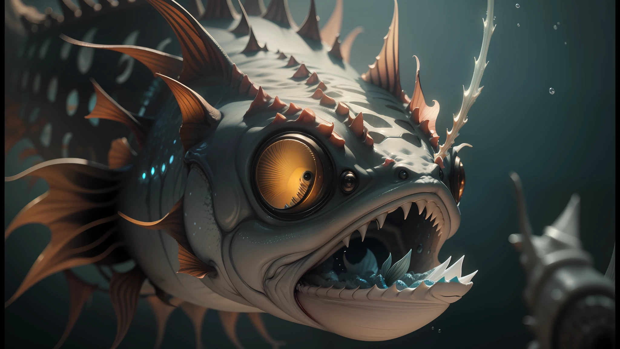 there is a fish with a big mouth and a big sharp tooth, illustration of an angler fish, angler fish, angler fish sculpture, 8 k ultra realistic creature, scary fish, highly detailed surreal vfx, deep sea fish, deep sea picture, amazing space creature 4 k, hyper realistic fantasy monster, cgsociety 9, ultrarealistic digital art, detailed creature --auto --s2