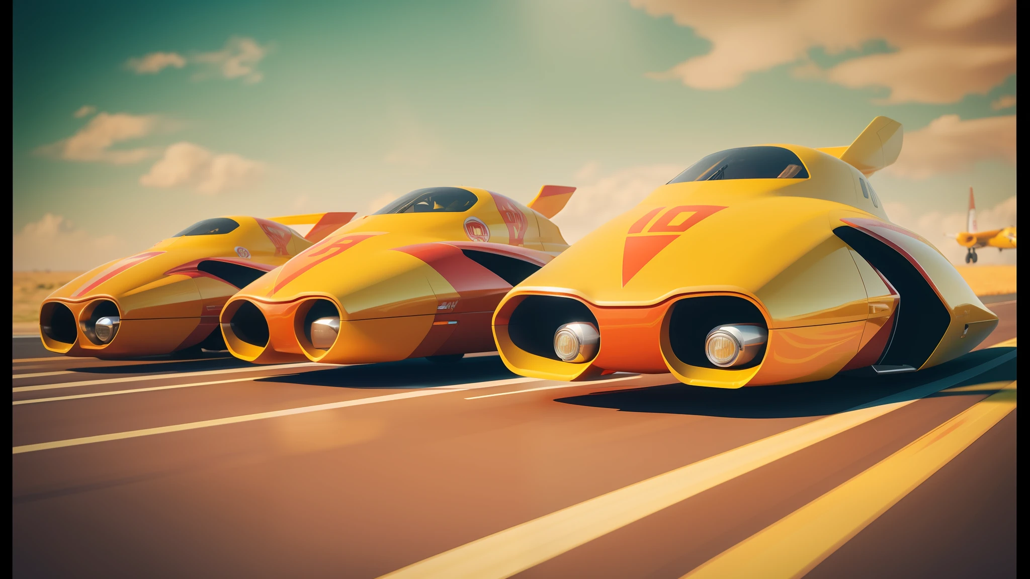 three yellow and red cars are lined up on the tarmac, stunning sci-fi concept art, gryphon, speed racer, ue5 render, f 4, inspired by Hanna-Barbera, featured on vimeo, orange yellow, barbarella, blender cycles, imet2020, prototype, thunderbird 2, by Roy Petle