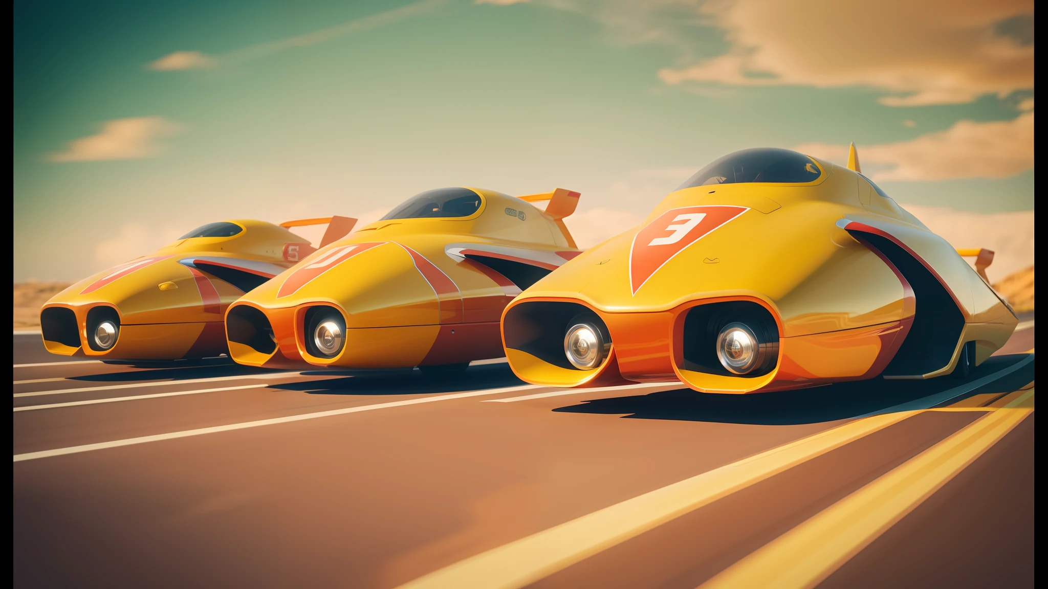three yellow and red cars are lined up on the tarmac, stunning sci-fi concept art, gryphon, speed racer, ue5 render, f 4, inspired by Hanna-Barbera, featured on vimeo, orange yellow, barbarella, blender cycles, imet2020, prototype, thunderbird 2, by Roy Petle