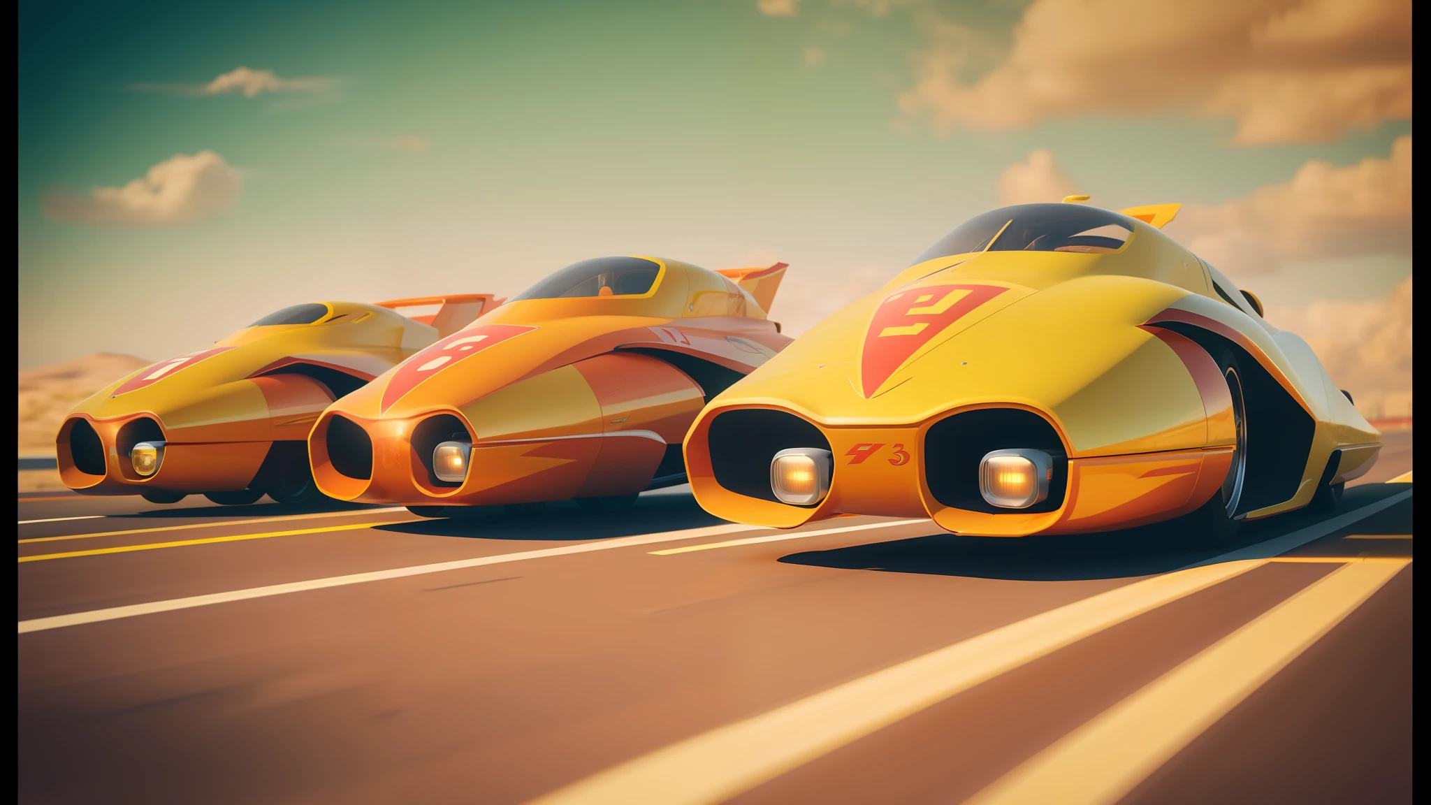 three yellow and red cars are lined up on the tarmac, stunning sci-fi concept art, gryphon, speed racer, ue5 render, f 4, inspired by Hanna-Barbera, featured on vimeo, orange yellow, barbarella, blender cycles, imet2020, prototype, thunderbird 2, by Roy Petle