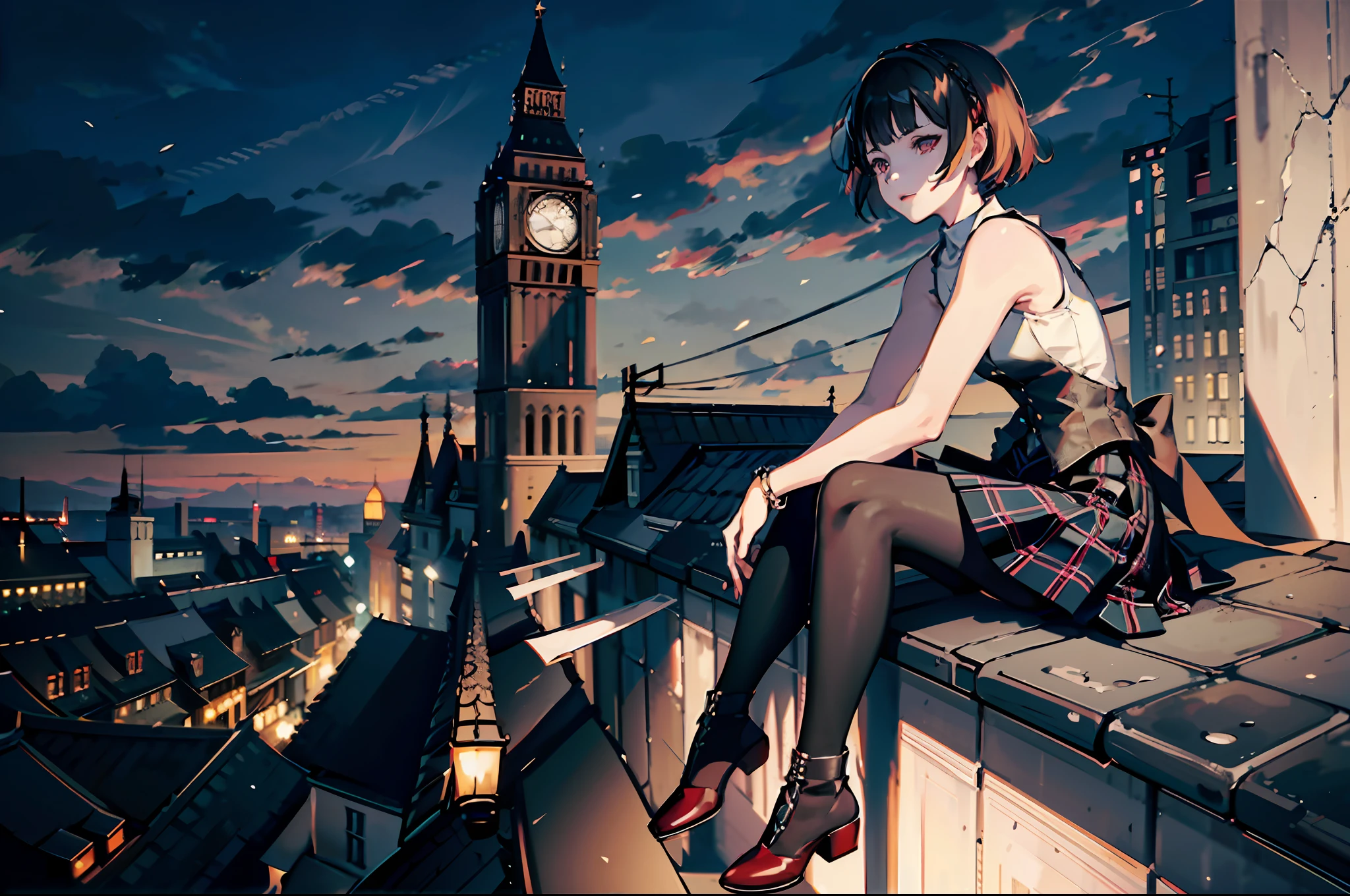 1girl, (solo:1.2), ((masterpiece)), (shadow), [slim], (small breasts), ((sharp focus)), pale skin, ((detailed eyes)), (blurry background), short hair, vest, sleeveless, bare shoulders, bare arms, sitting on the (edge of a rooftop), cloudy, sky, bracelets, (plaid skirts )