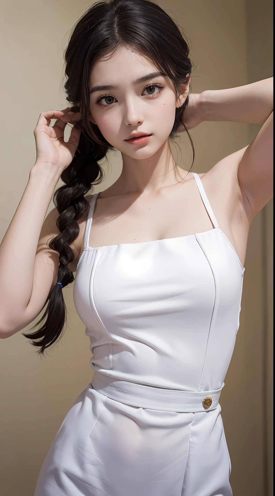 ((top quality, 8k, masterpiece: 1.3)), 1 girl, beauty: 1.2, (random hairstyles), ((neat and feminine outfit: 1.2)), (staring at a loved one), super detailed face, detailed eyes, double eyelids, armpits, (((big)), correct anatomy, perfect body,