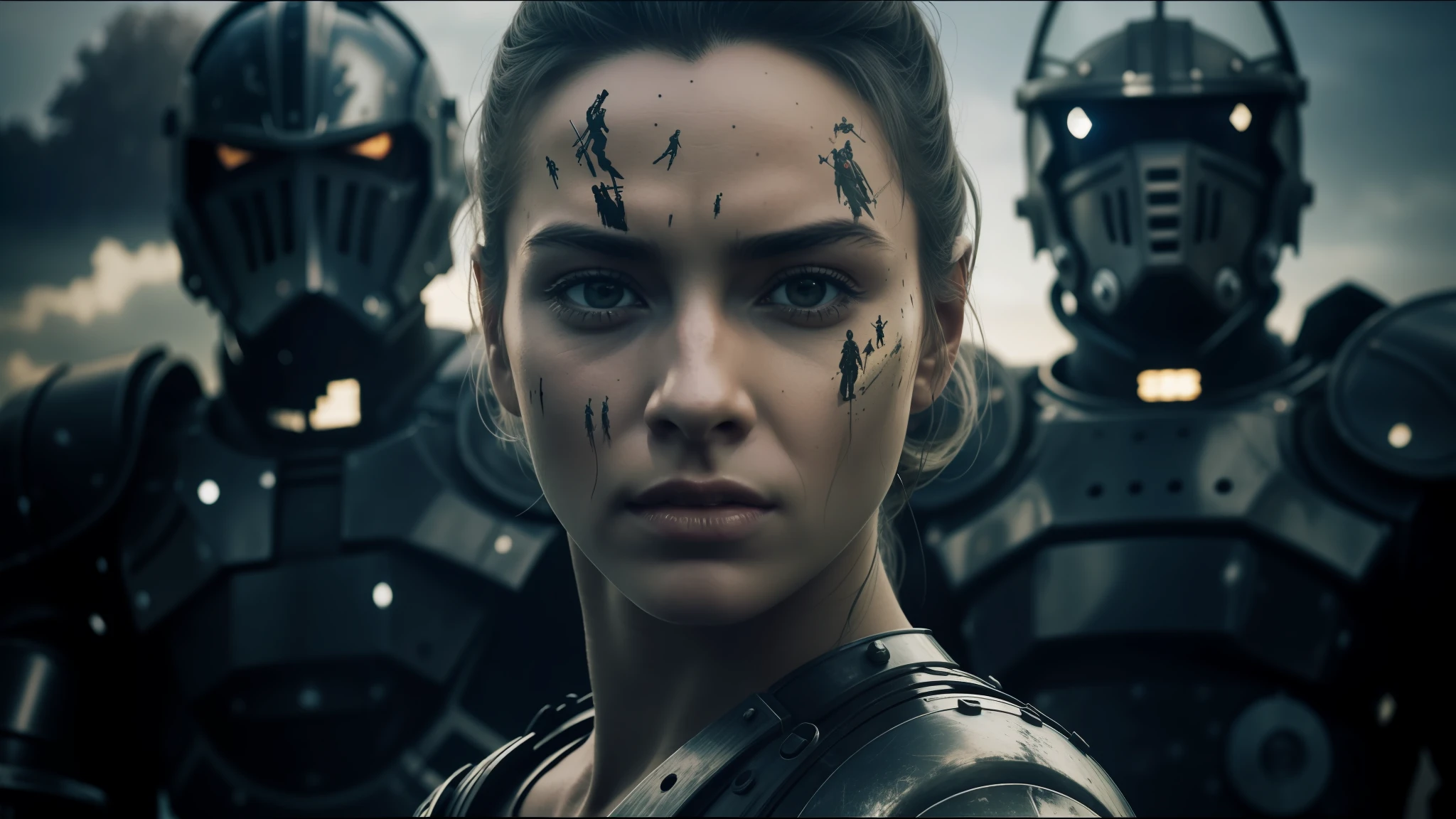 female knight in armor standing in a field with other knights, from a science fiction movie of 2 0 1 9 8 k, bloody red armor, by Steven Belledin, an army recruitment poster, menacing orcs, anamorphic flares, advertising cosplay, movie image , fallout 3, by Hiromu Arakawa, by Louis Mathieu Verdilhan