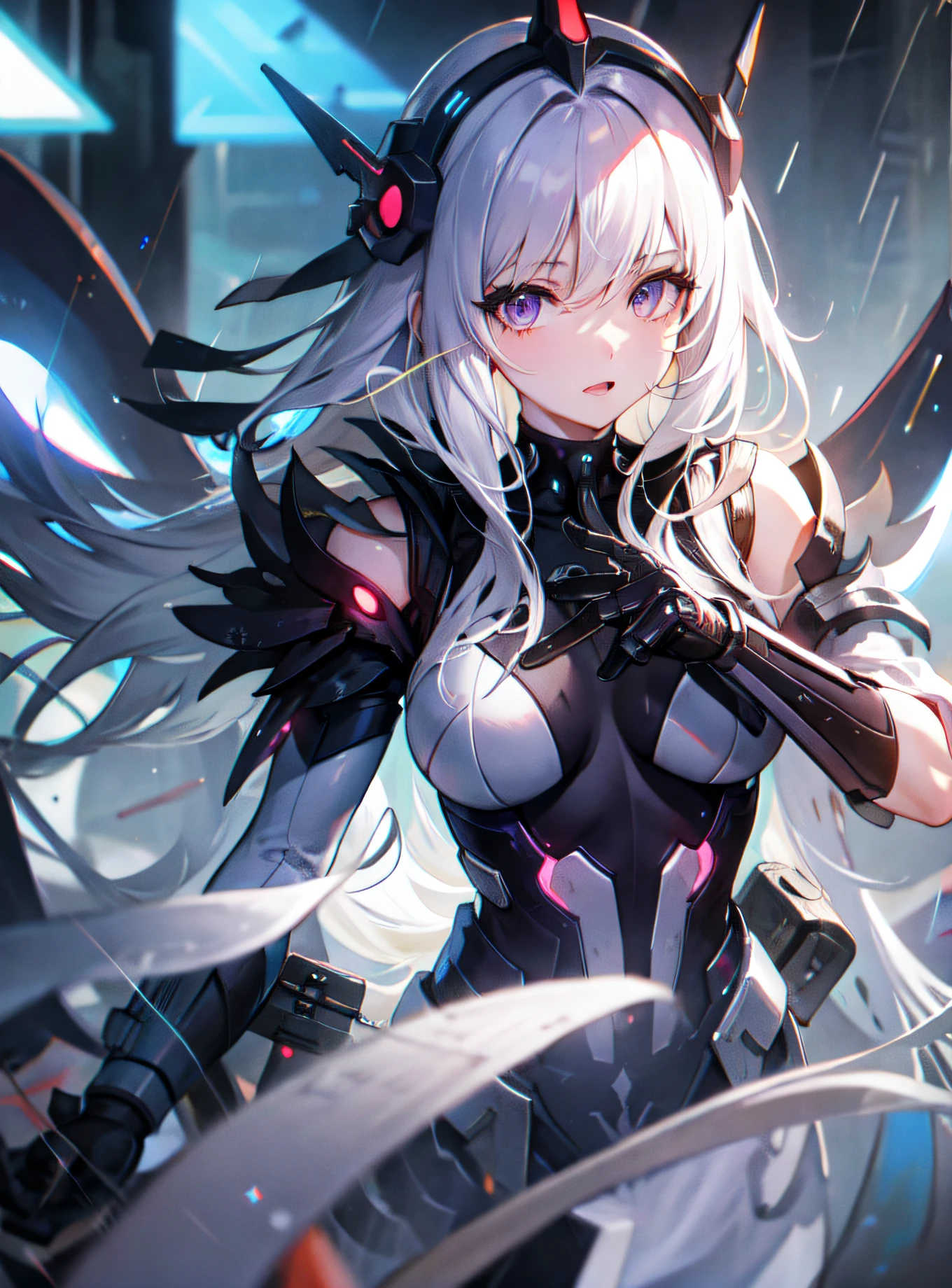 ((masterpiece, best quality;1.3)), ultra detailed, 8k unity wallpapers, CG, illustration, colorful, cinematic shadow, extremely detailed and beautiful background, wide-angle lens, ((solo, 1girl, mature female)), purple eyes, extremely detailed and beautiful face, extremely detailed and beautiful eyes, head gear, white hair, long hair, medium breasts, rain, cyberpunk city, cyberpunk armor