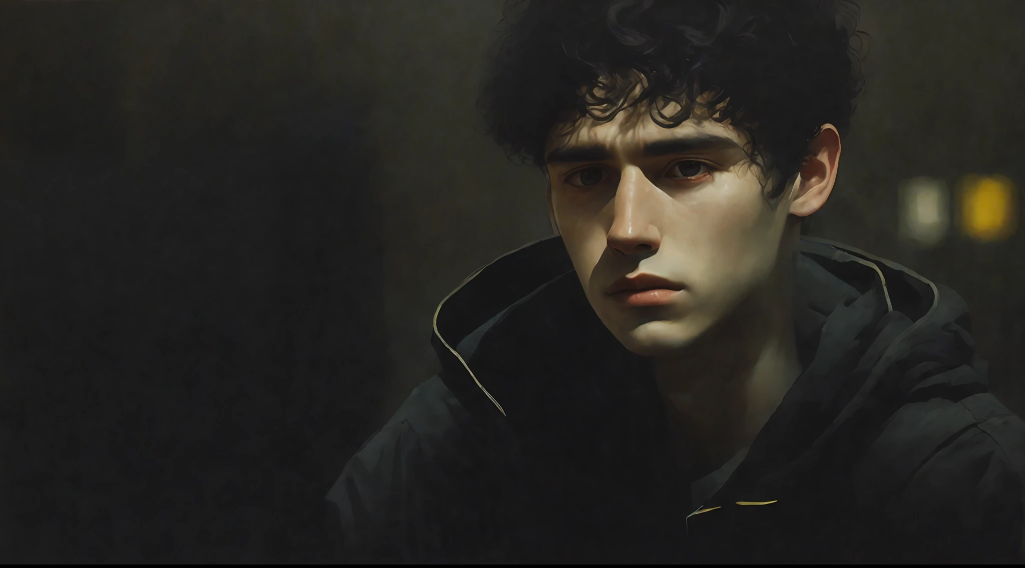 sad young man in his 20s with short curly black hair, a painting of a character in a brutalist setting, a character portrait, artstation hd, detailed painting, photo taken with provia, kodak portra, film grain, featured on unsplash, grain from film, cinematographic view, photo taken with provia
