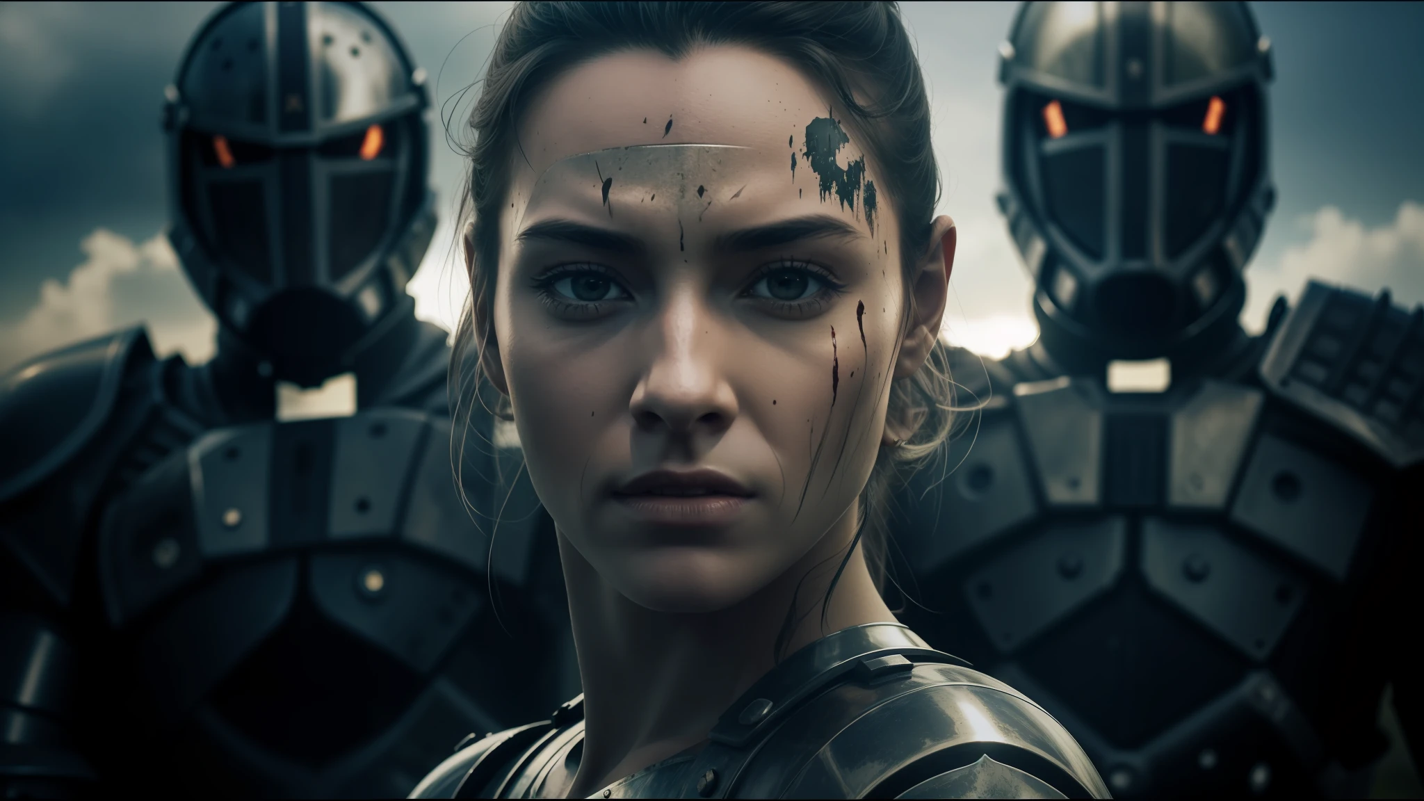 female knight in armor standing in a field with other knights, from a science fiction movie of 2 0 1 9 8 k, bloody red armor, by Steven Belledin, an army recruitment poster, menacing orcs, anamorphic flares, advertising cosplay, movie image , fallout 3, by Hiromu Arakawa, by Louis Mathieu Verdilhan