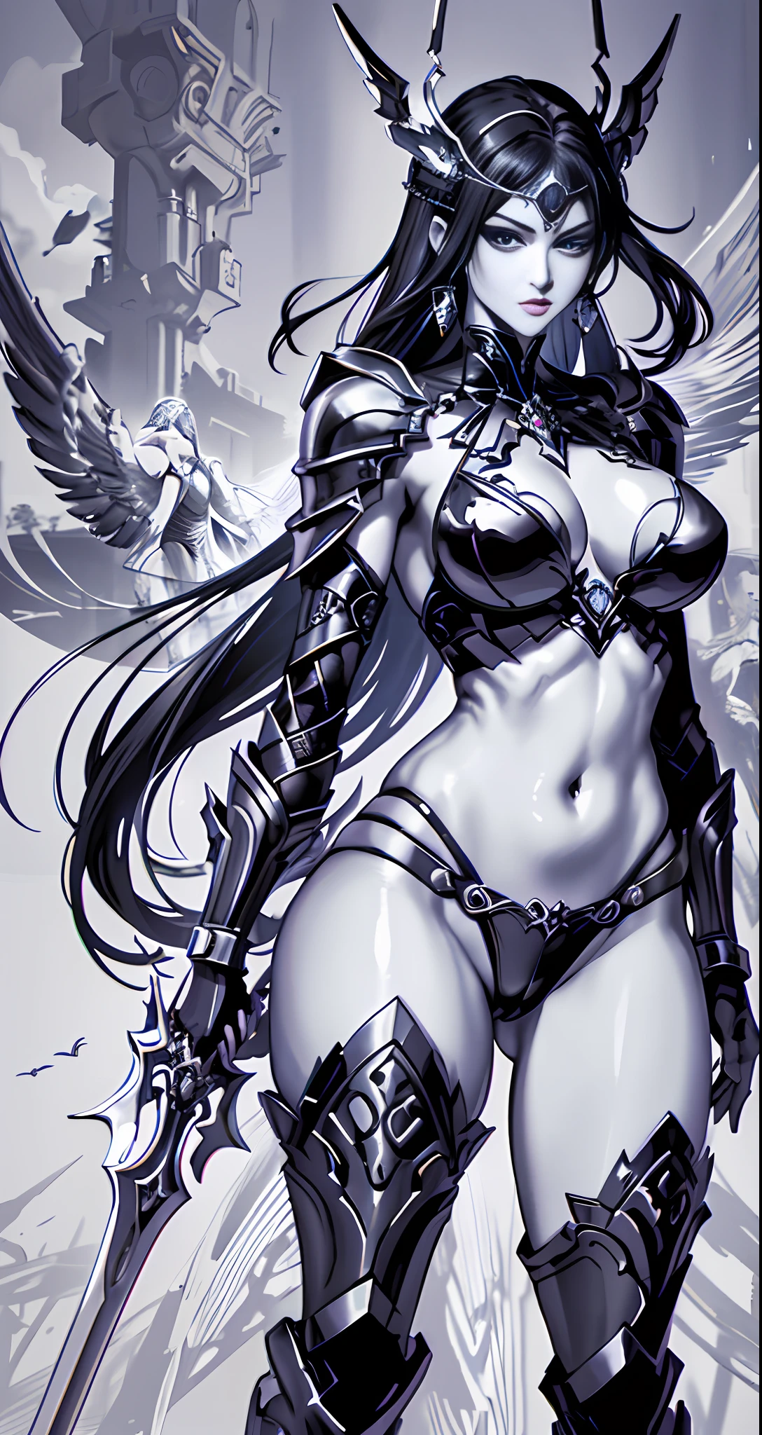 Masterpiece, great black and white anime work, style of Japanese manga master, black and white art, line art, pen drawing art, a mature woman wielding a huge iron sword (from below: 1.5) (((in the pool: 1.2))) (full body standing)))) (solid color steel armor + openwork transparent design inspired by Victoria's Secret), (broken + clothing: 1.5) (full body pose: 1.5), (krounchana: 1.5) hips (( Lower chest + upright under bra)), (double eyelids) (delicate makeup) (fantasy: 1.2), battle woman, full body armor, fire element, (mythology: 1.5), exposed navel, thong , (large panorama: 4), wide angle, (dramatic: pose), (ethereal: lighting), (mysterious: atmosphere), (complex: detail), (carefully designed hair + design), (ancient artifacts), human warrior woman (elaborate necklace bracelet earrings gemstone pendant inspired by Harry Winston) (sacred: radiance), (spiritual essence) (evocative: expressive), long legs, height 180cm, (bold: brushstrokes), (epic: proportional) masterpiece 16k --s2