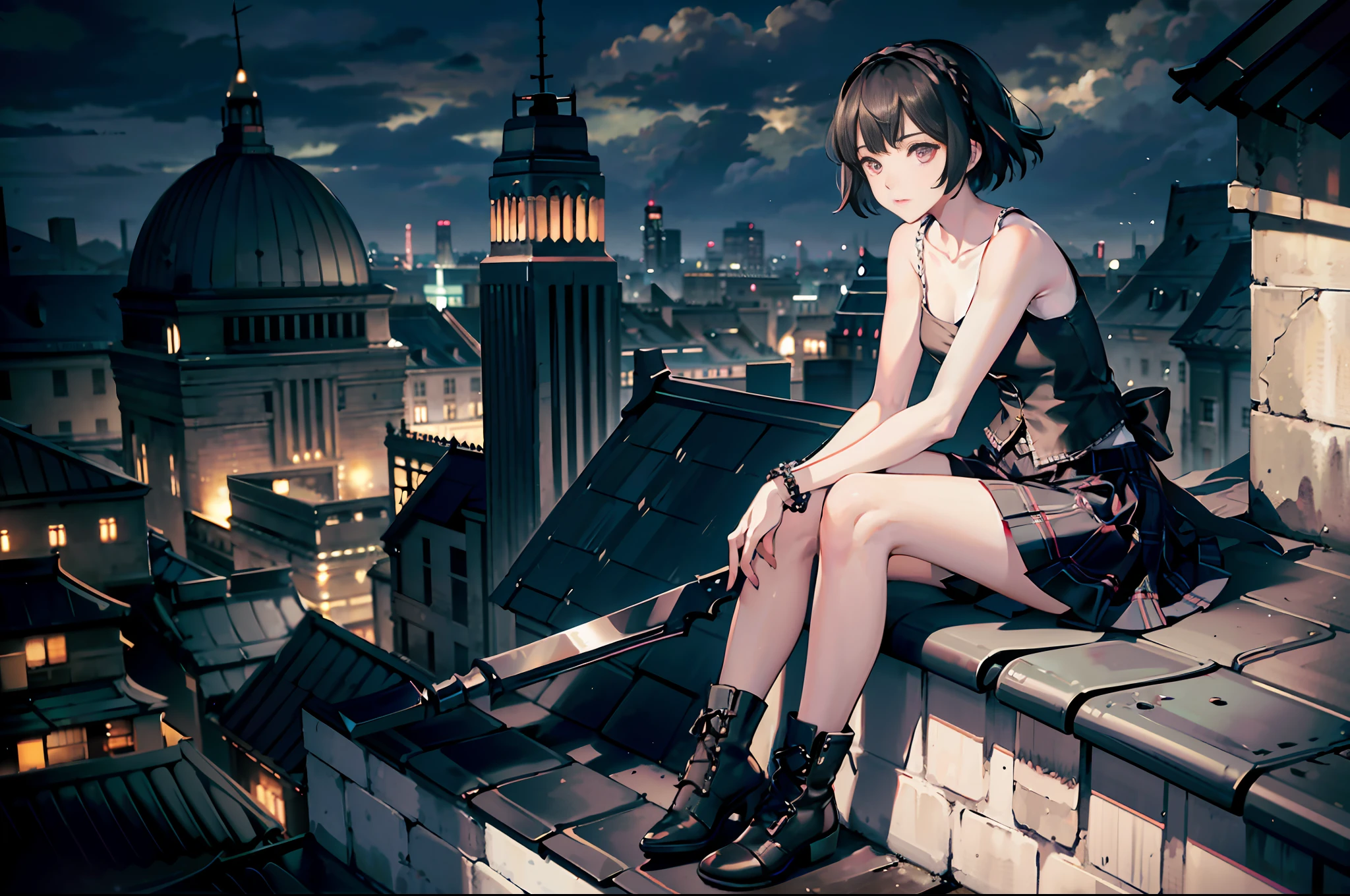 1girl, (solo:1.2), ((masterpiece)), (shadow), [slim], (small breasts), ((sharp focus)), pale skin, ((detailed eyes)), (blurry background), short hair, sleeveless vest, bare shoulders, bare arms, sitting on the (edge of a rooftop), cloudy sky, bracelets, (plaid skirts ), armpits, (collarbone)