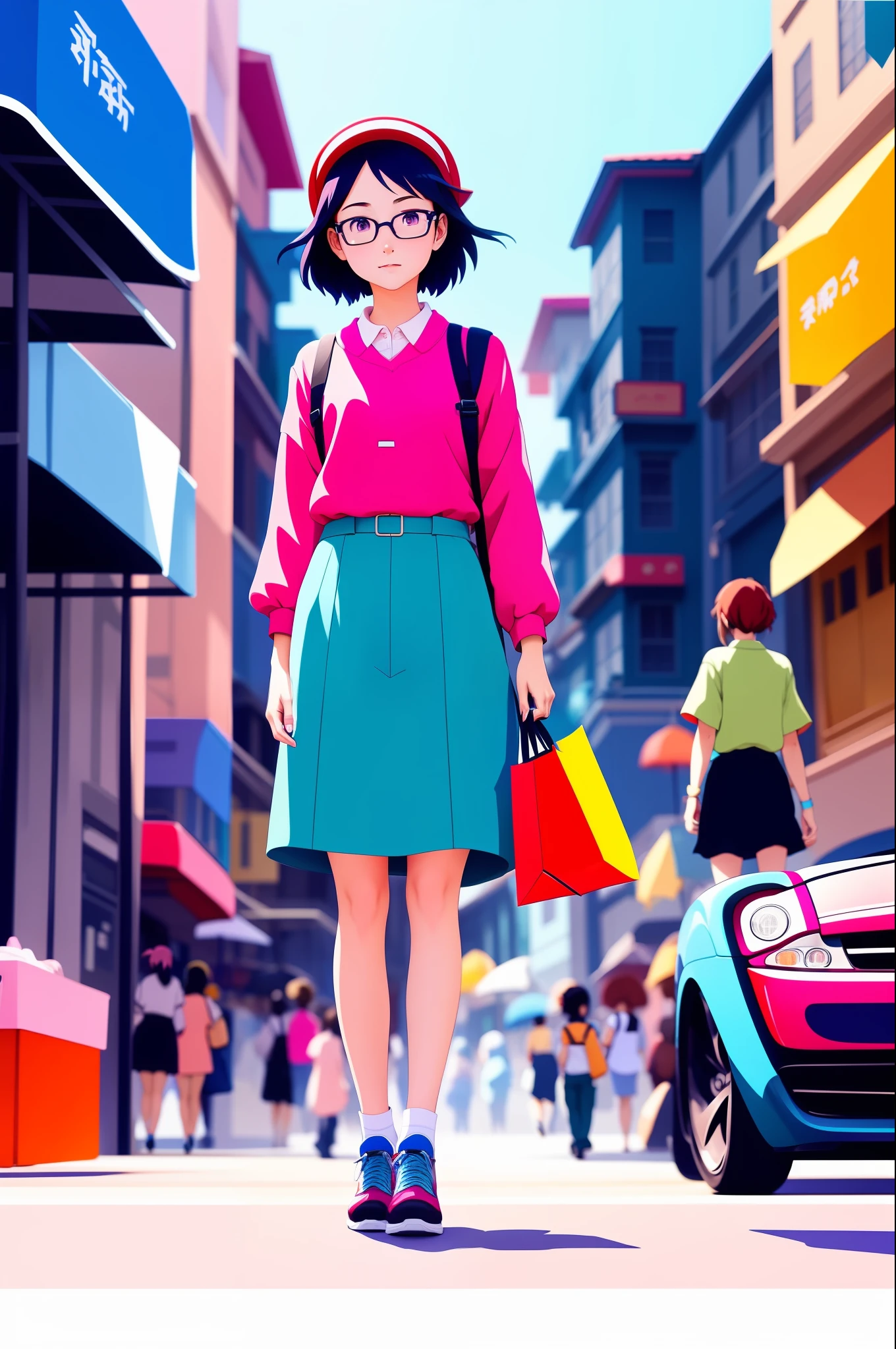1girl, colorful digital painting, trend in artstation, concept art, hyperrealism, cinematic lighting, Studio Ghibli, Anime Key Visual, professional photo, full body, busy shopping street, fair, with cars and people, commerce, full body, cel shading, anime coloring, (anime screencap: 1.2), (highly detailed, masterpiece, best quality: 1.1), hyper detailed, professional drawing,